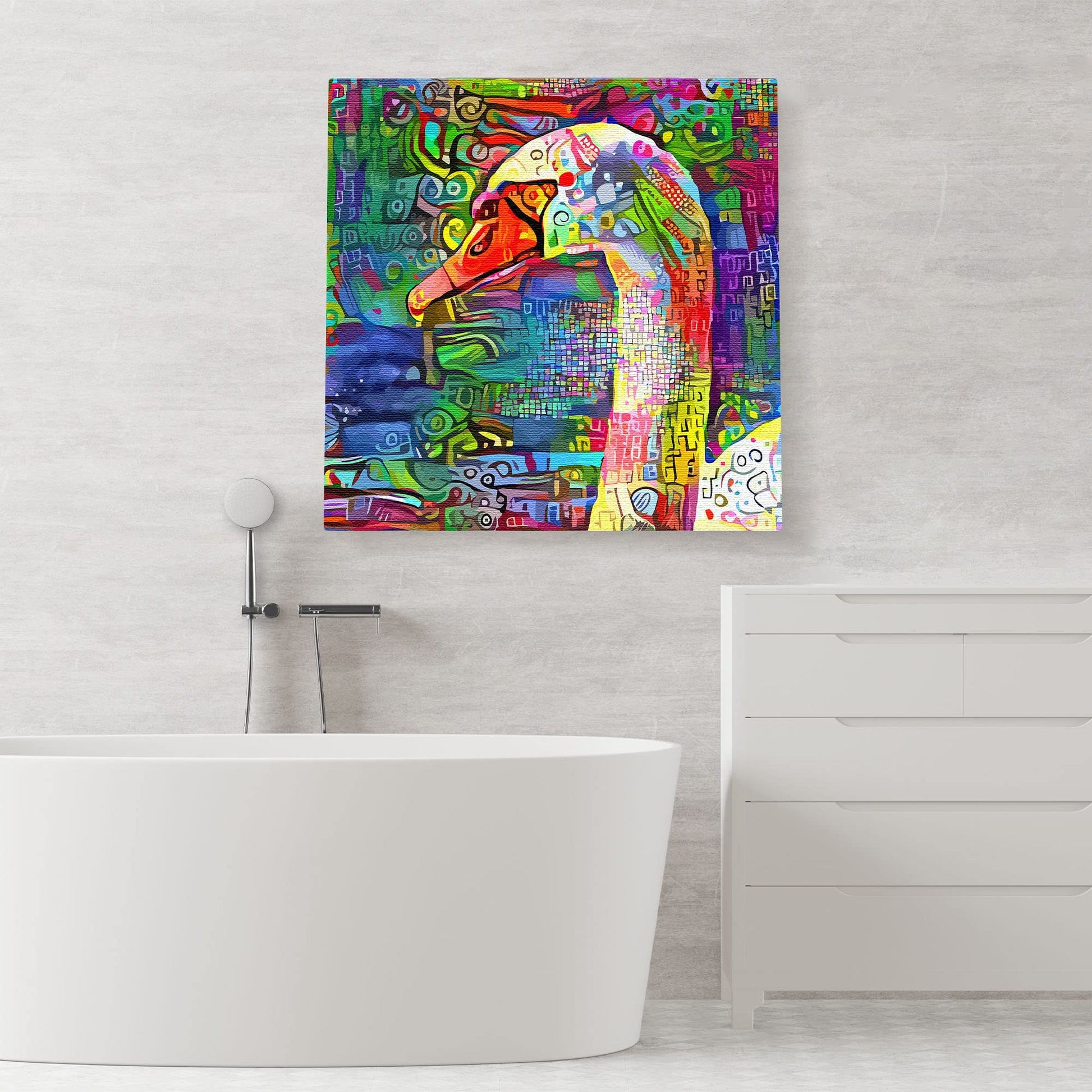 Abstract colorful white swan head with vibrant geometric and intricate patterns on multicolor background printed on square canvas wall art