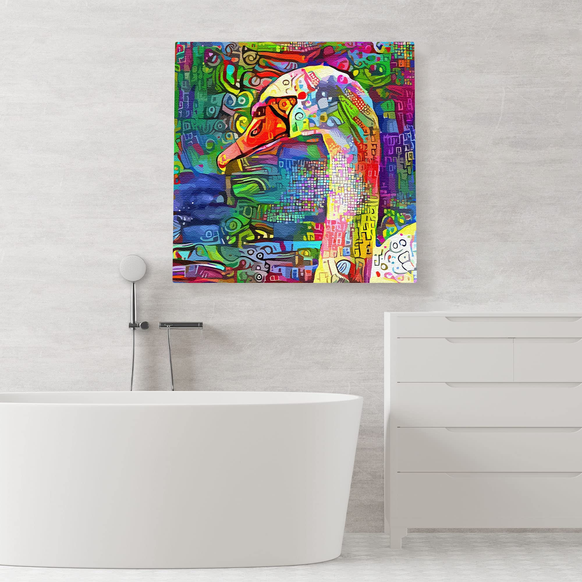Abstract colorful white swan head with vibrant geometric and intricate patterns on multicolor background printed on square canvas wall art