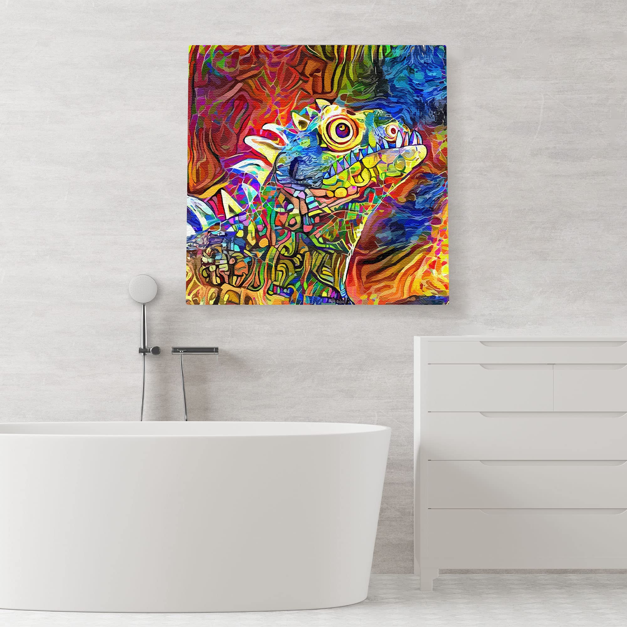Colorful iguana wall art print with vibrant abstract geometric patterns on textured canvas in modern bathroom setting