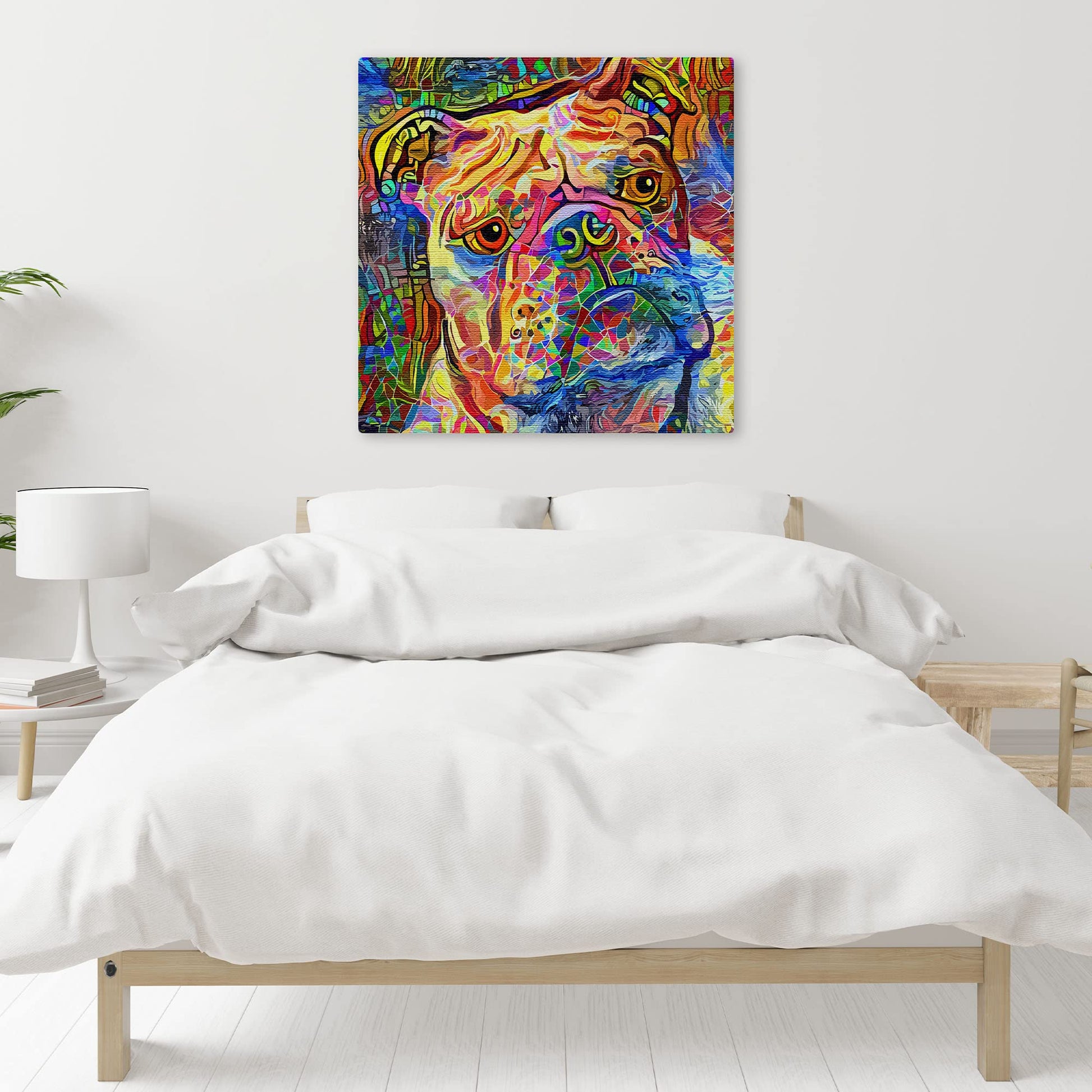 Colorful abstract English Bulldog art with bold multicolor brush strokes on square canvas hanging above modern bed in bedroom