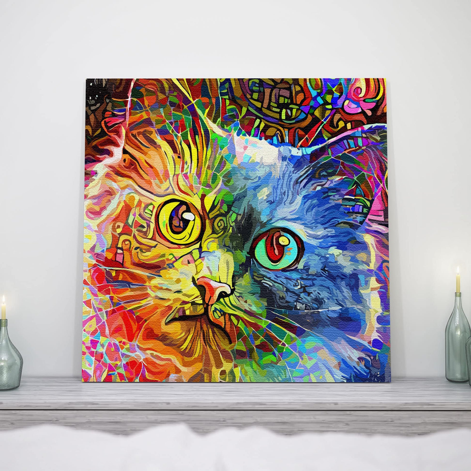 Colorful cat canvas wall art with vibrant reds, blues, yellows, and greens in dynamic abstract painterly style on white wall
