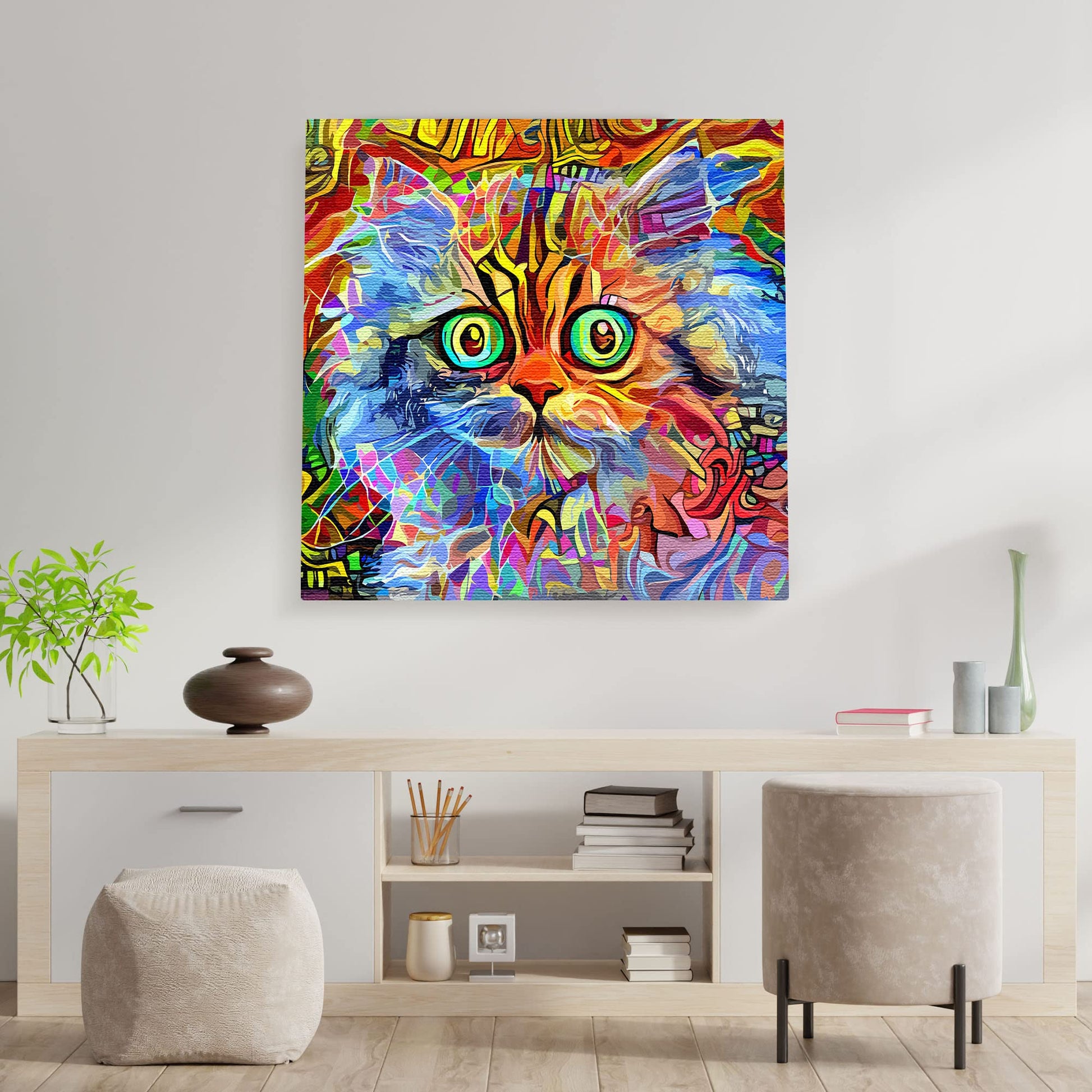 Vivid multicolor cat wall art with bold geometric patterns and bright expressive eyes on square canvas hanging above modern console table