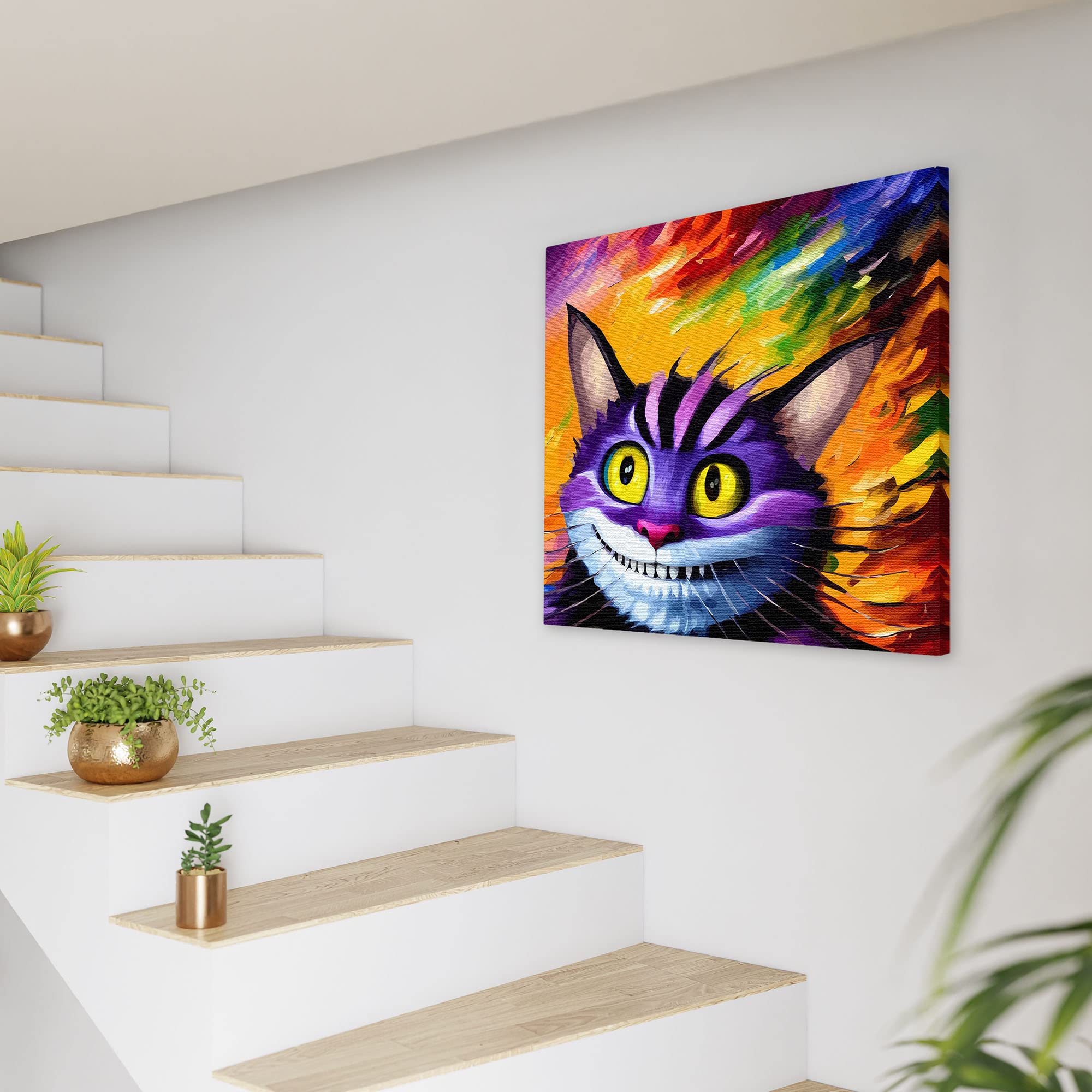 Colorful purple Cheshire cat wall art with bright yellow eyes and wide grin on vibrant rainbow abstract canvas above white staircase