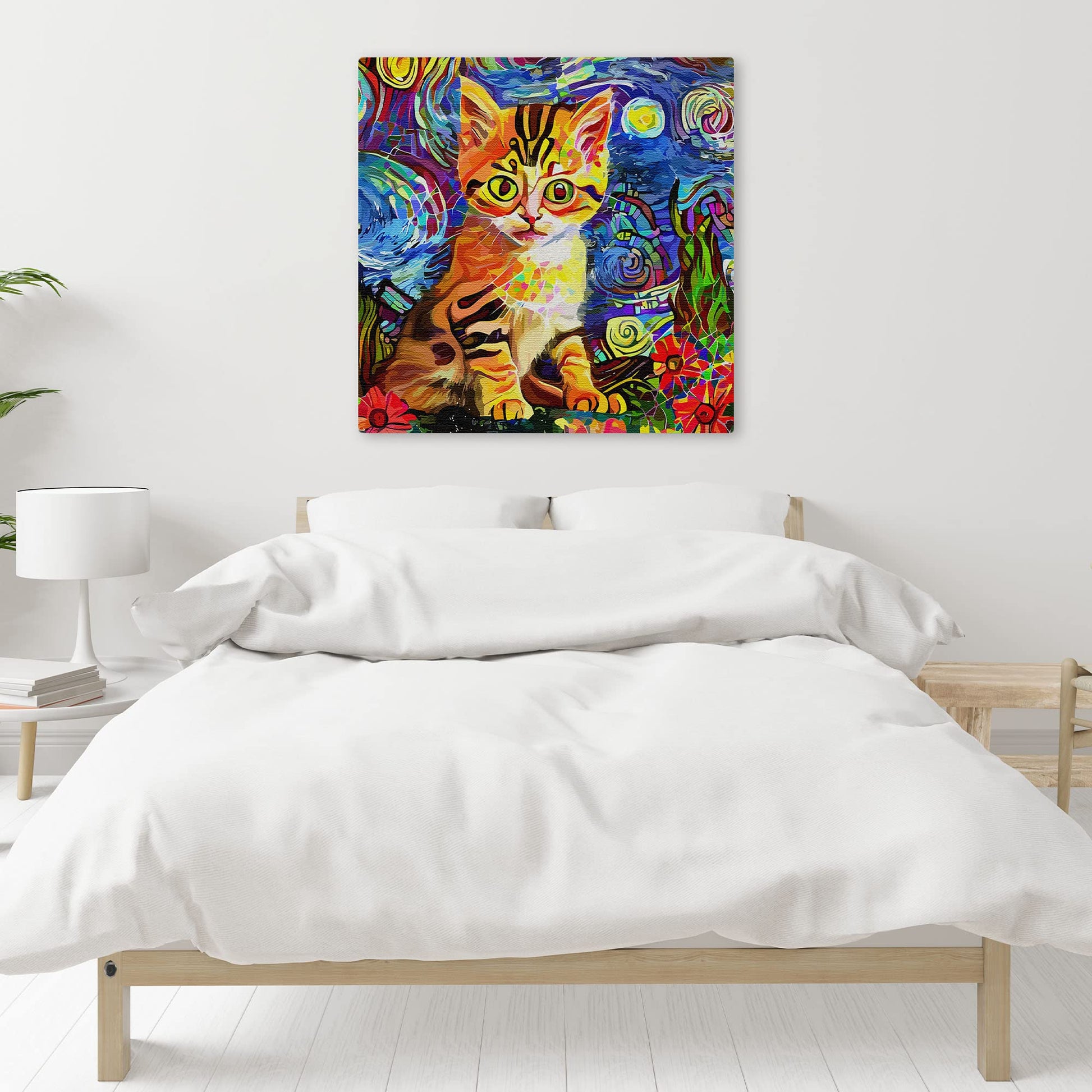 Colorful cute kitten wall art with bright orange and black stripes surrounded by vibrant swirling blue and yellow abstract background