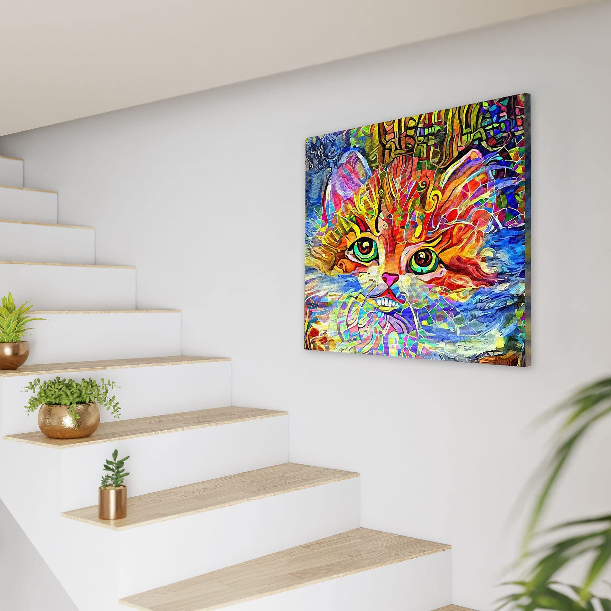 Colorful cat wall art with bright multicolor abstract patterns and large vivid green eyes on square canvas by staircase