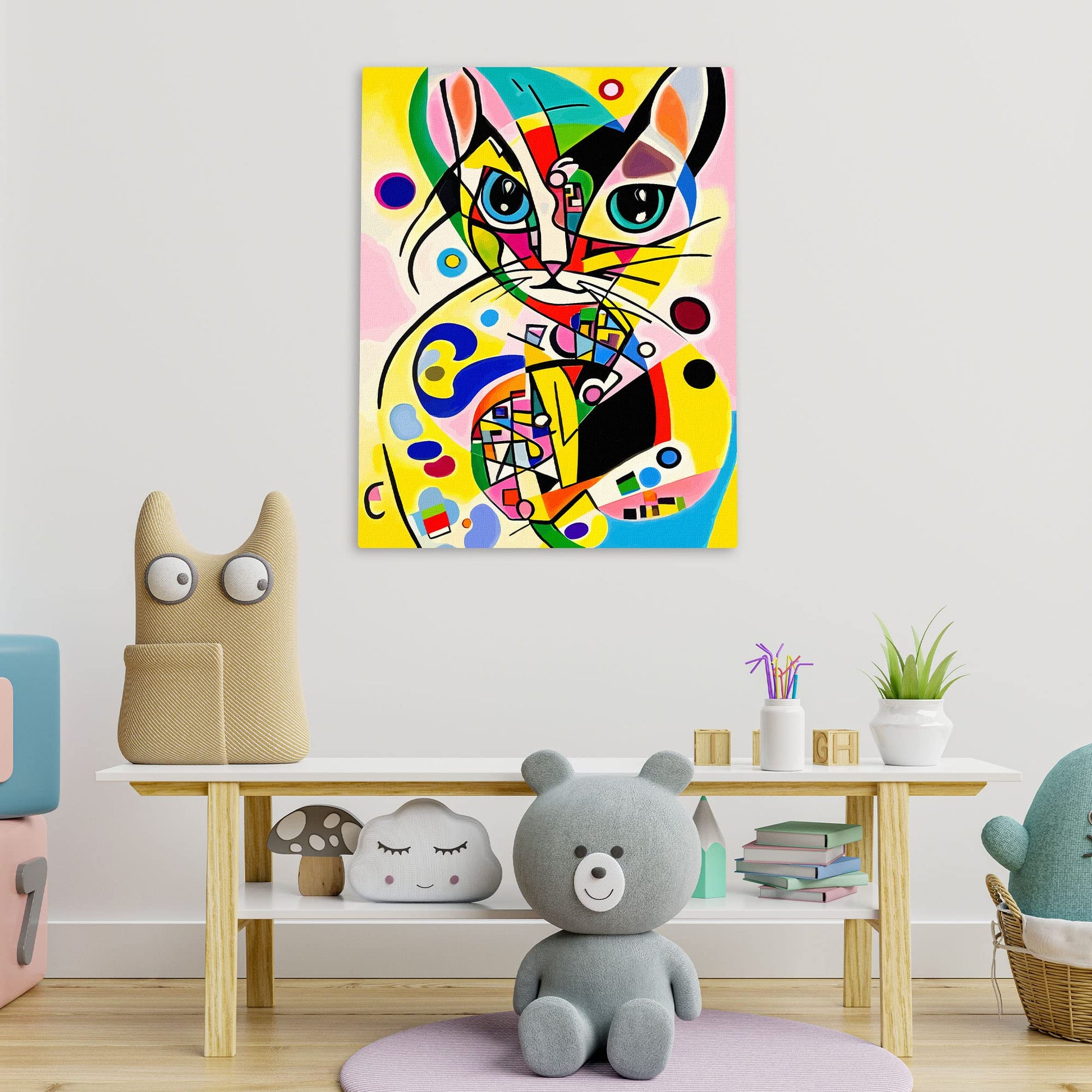 Funky abstract cat wall art with colorful geometric shapes and bold lines on square canvas in modern nursery room