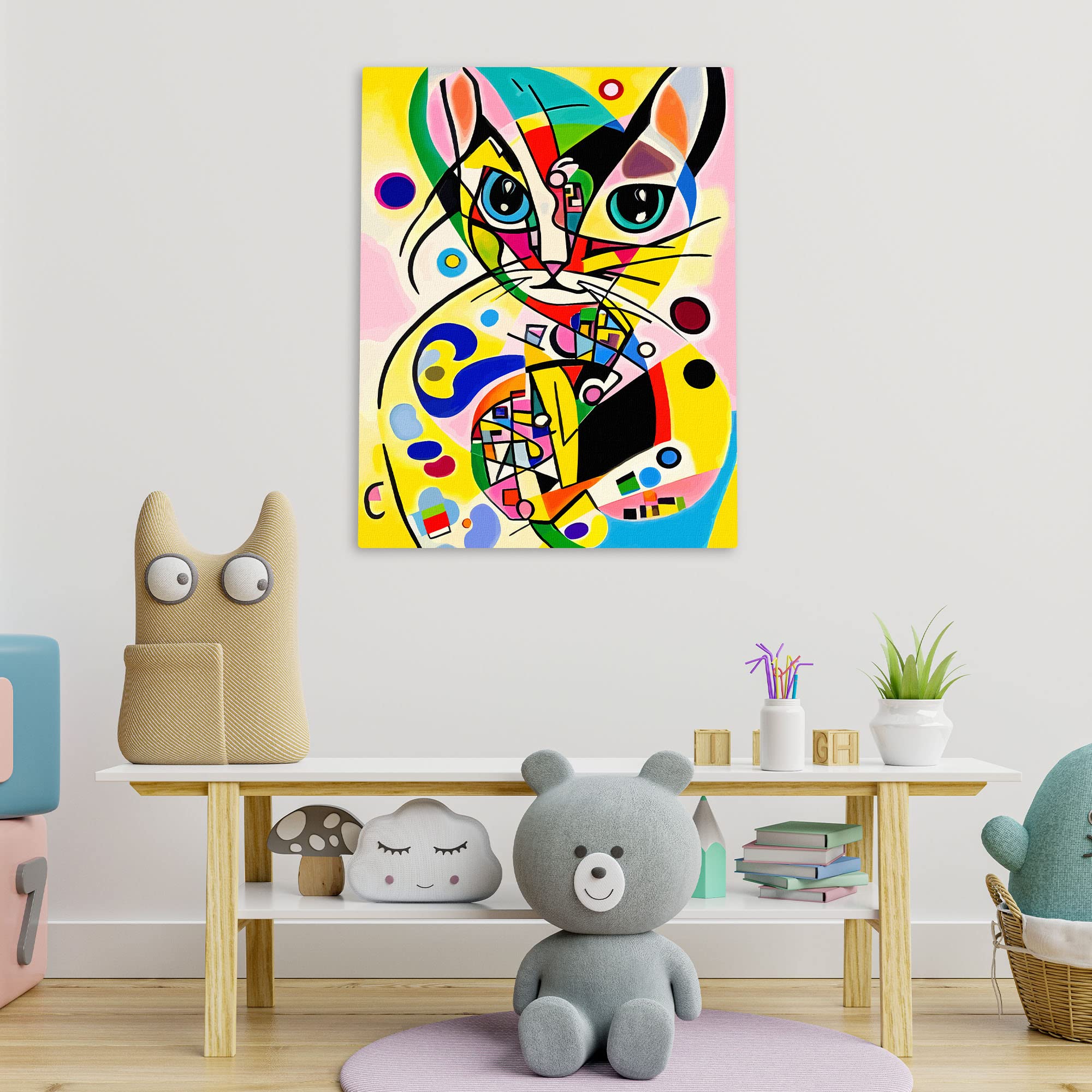 Funky abstract cat wall art with colorful geometric shapes and bold lines on square canvas in modern nursery room