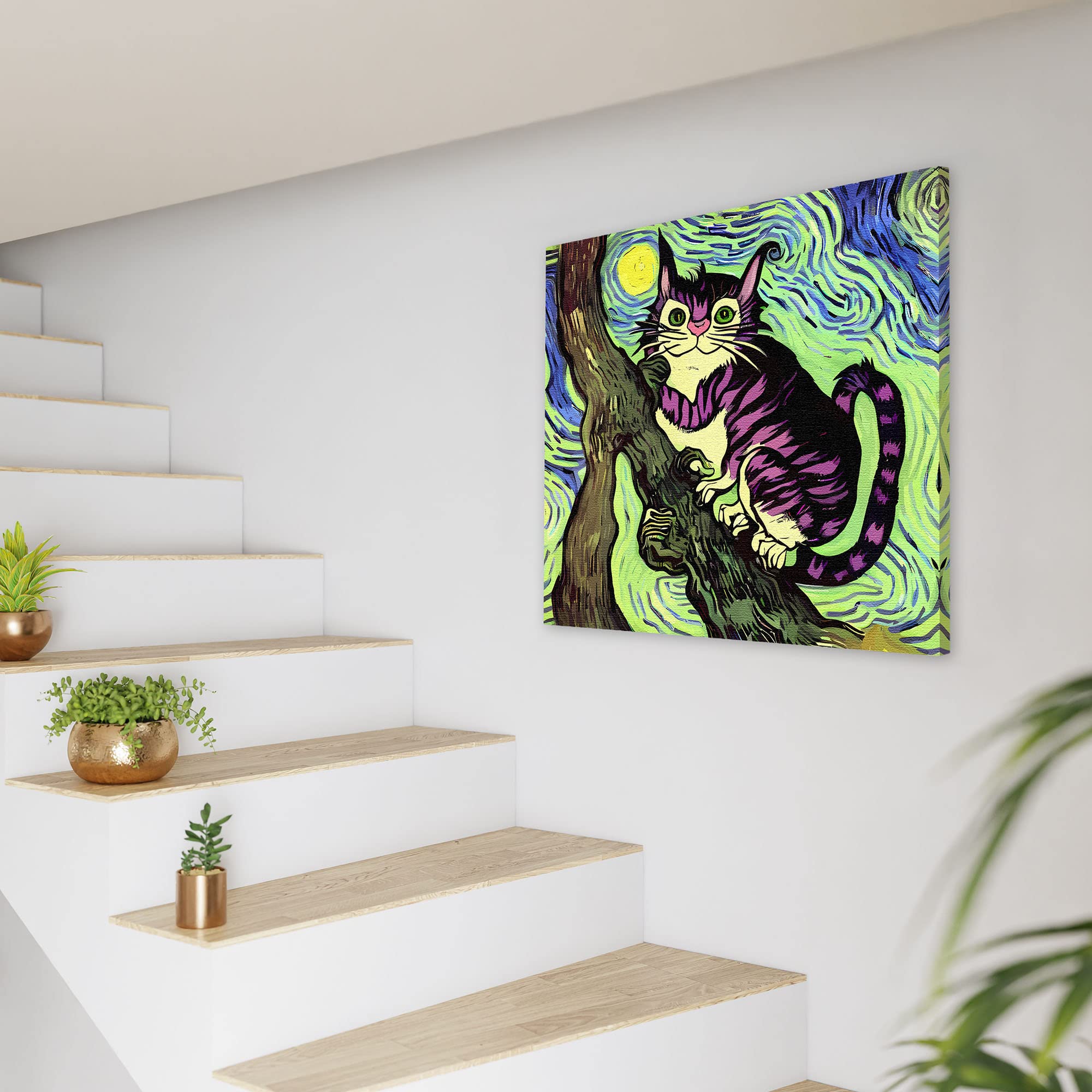 Colorful Cheshire cat wall art with bright purple stripes and swirling vibrant green and blue night sky background on white wall