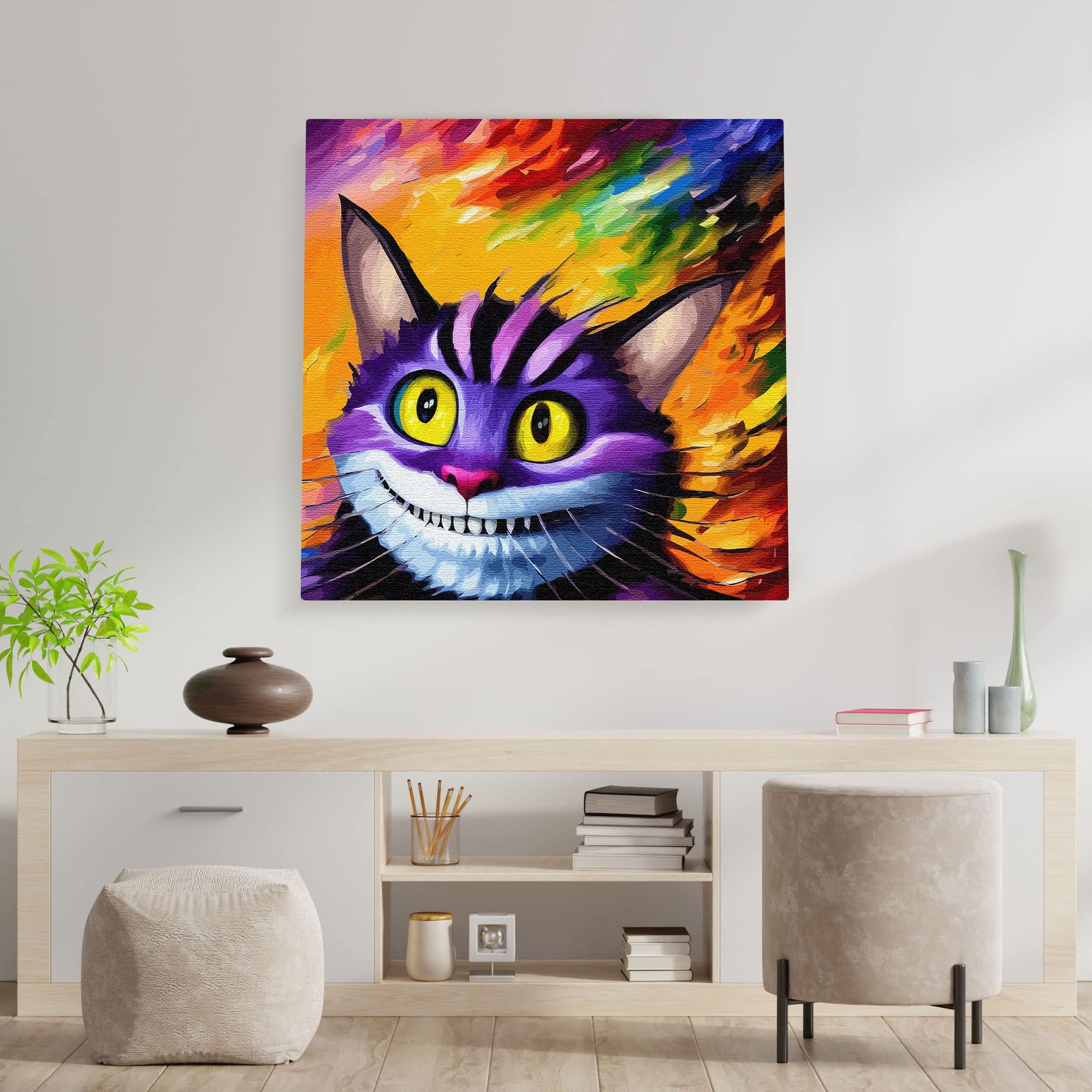 Colorful purple Cheshire cat wall art with bright yellow eyes and wide grin on vibrant rainbow abstract background above modern console table