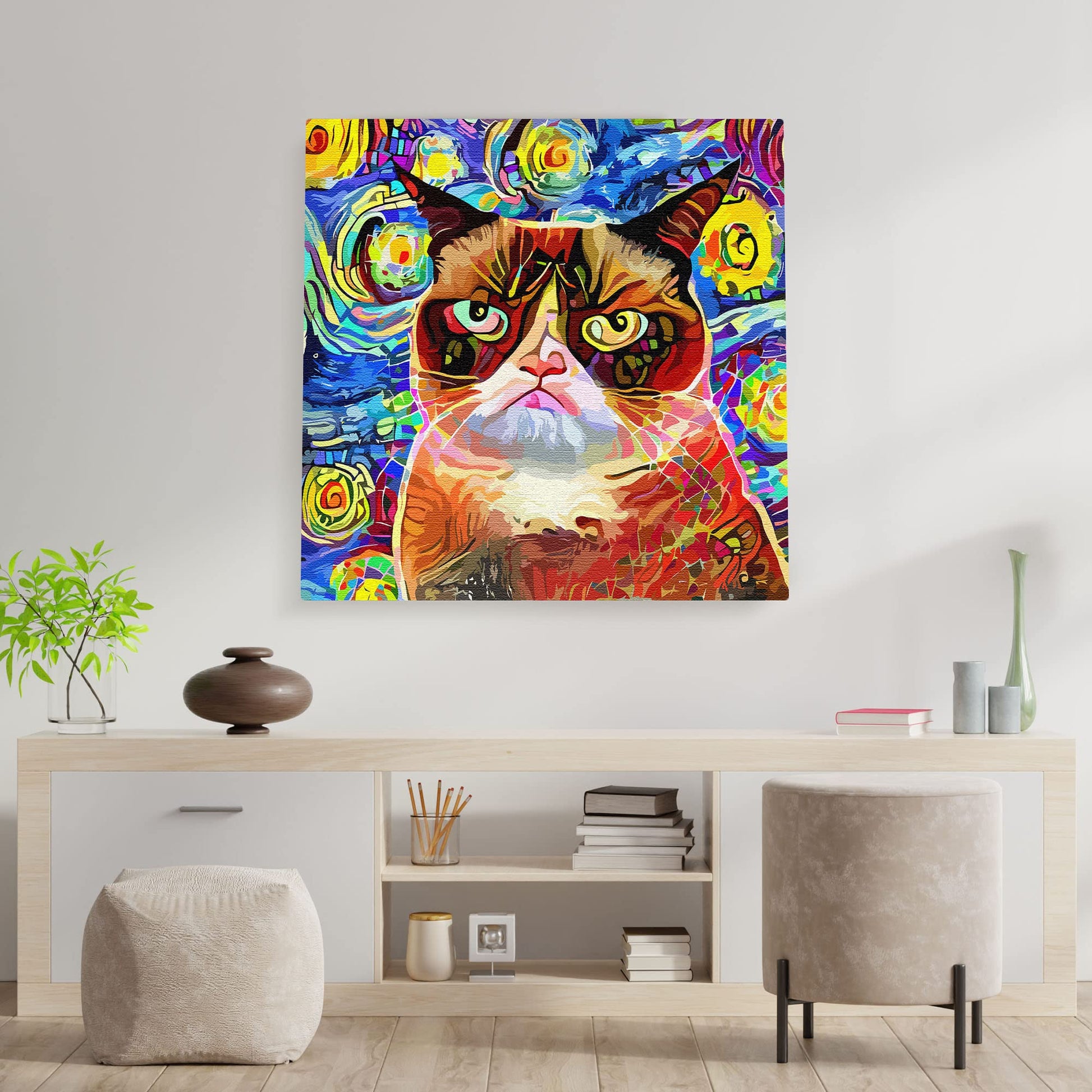 Abstract grumpy cat wall art with warm brown and orange tones against vibrant swirling blue, yellow, and purple starry abstract background