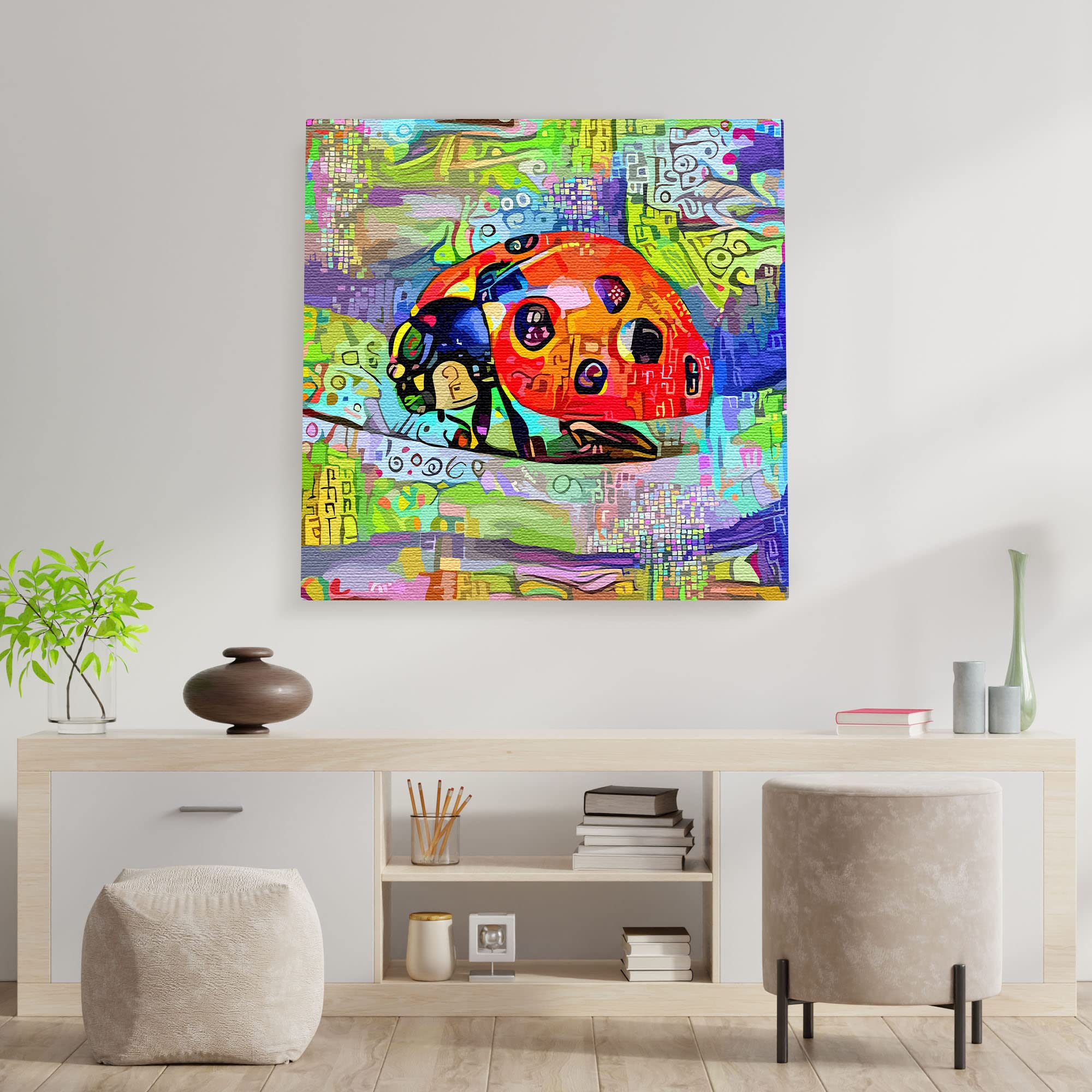 Abstract ladybug wall art with vibrant multicolor geometric patterns on textured canvas in modern minimalist living space