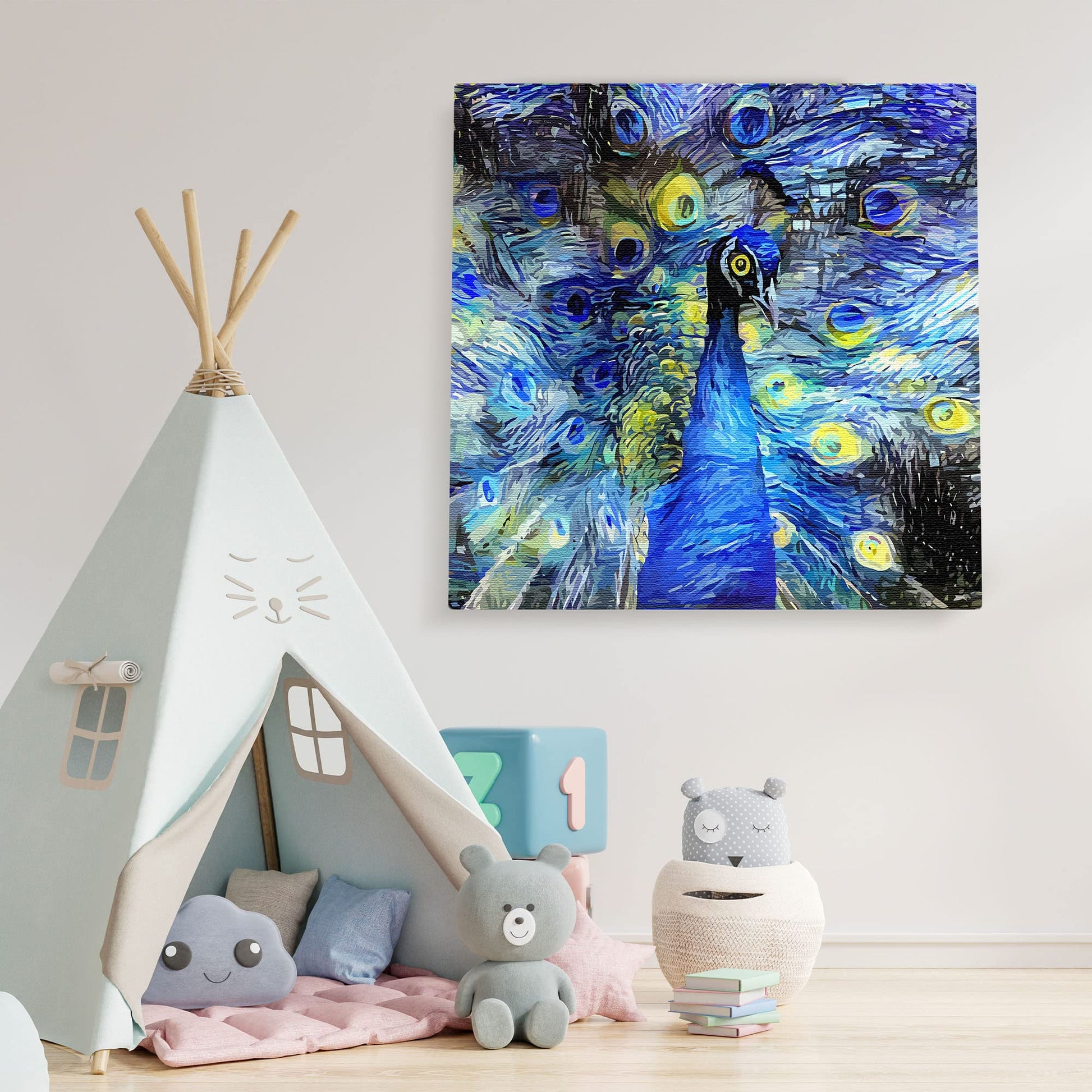 Blue abstract peacock with vibrant geometric and swirling colorful digital patterns on square canvas wall art above children’s playroom tent