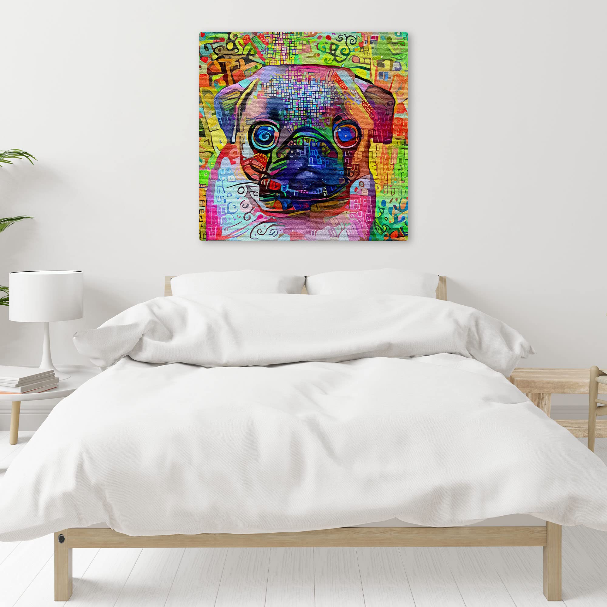 Colorful abstract Pug dog art with vibrant multicolor brush strokes on square canvas hanging above bed in modern bedroom