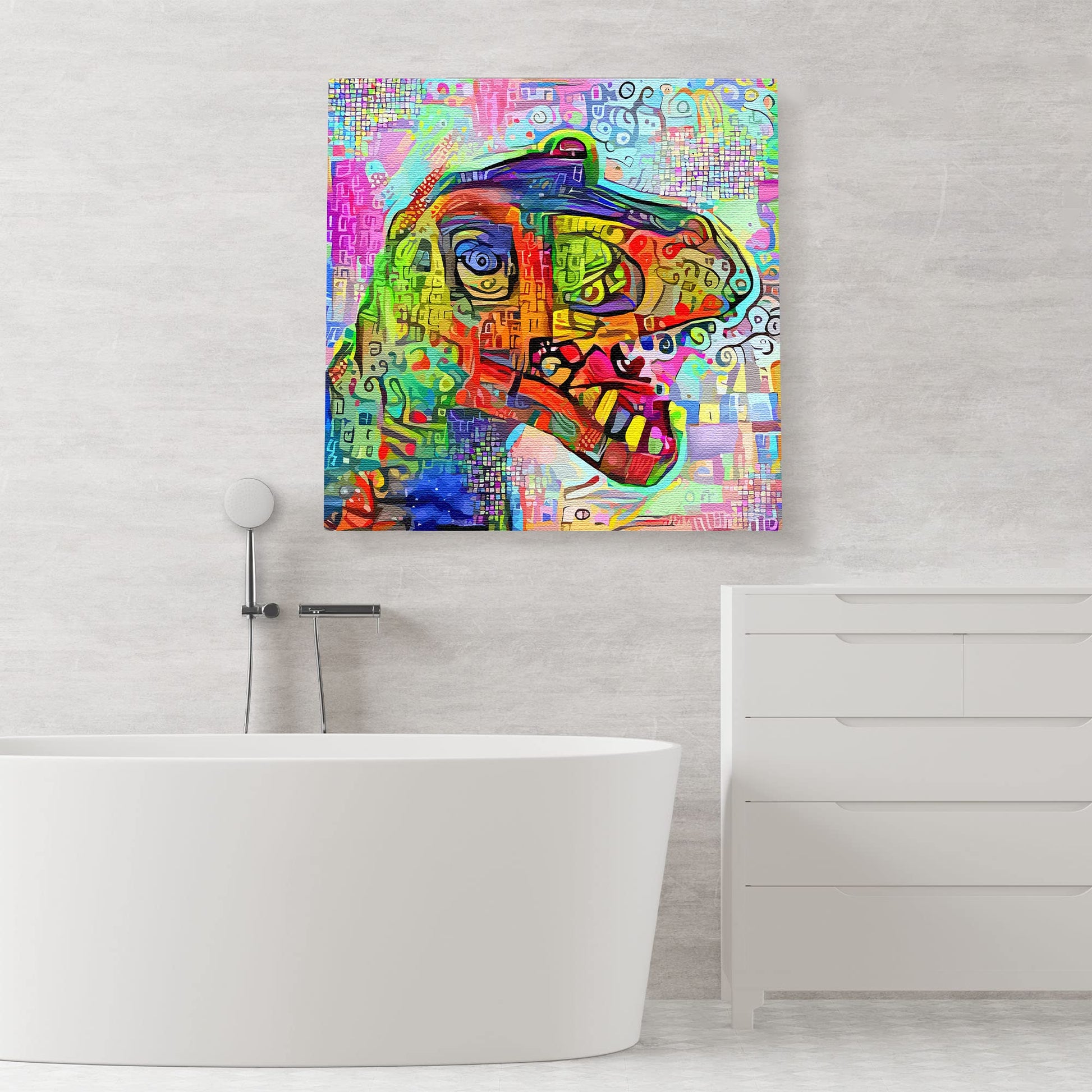 Colorful geometric mosaic T-Rex dinosaur art with vibrant abstract patterns on square canvas hanging above bathtub in modern bathroom