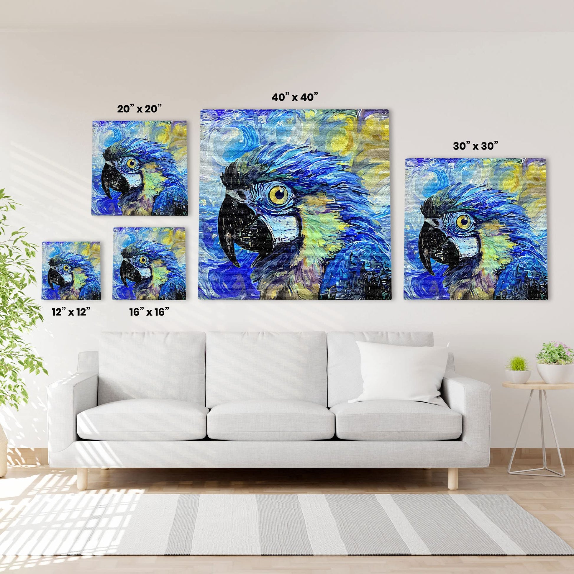 Blue macaw parrot with vibrant swirling and textured brush strokes on multi-size square canvas wall art above white sofa