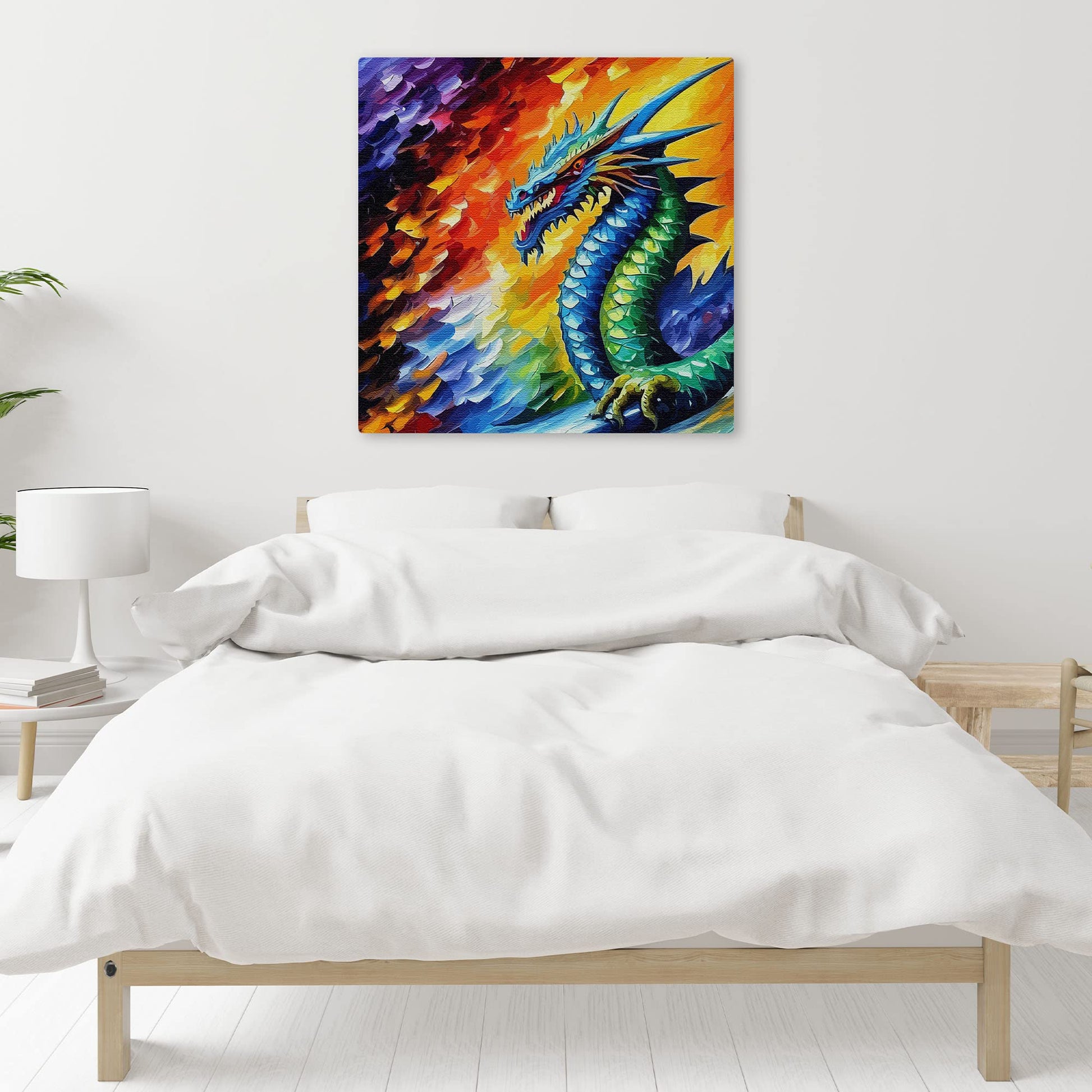 Vibrant mythical Chinese dragon canvas wall art with colorful scales and fiery abstract background above modern bed in bright bedroom
