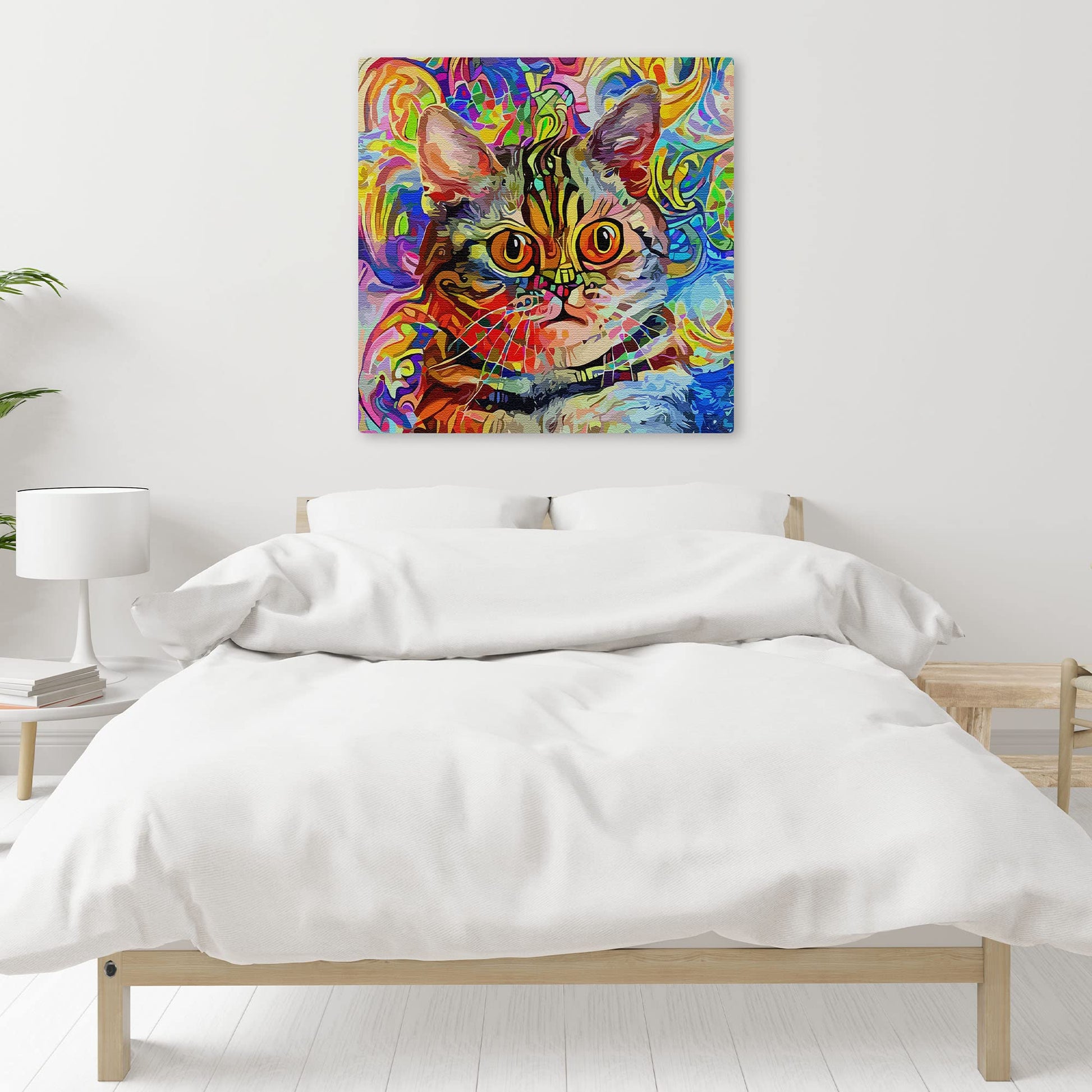 Colorful watercolor cat wall art with vibrant abstract patterns and bold lines on bright canvas above white bed in modern bedroom