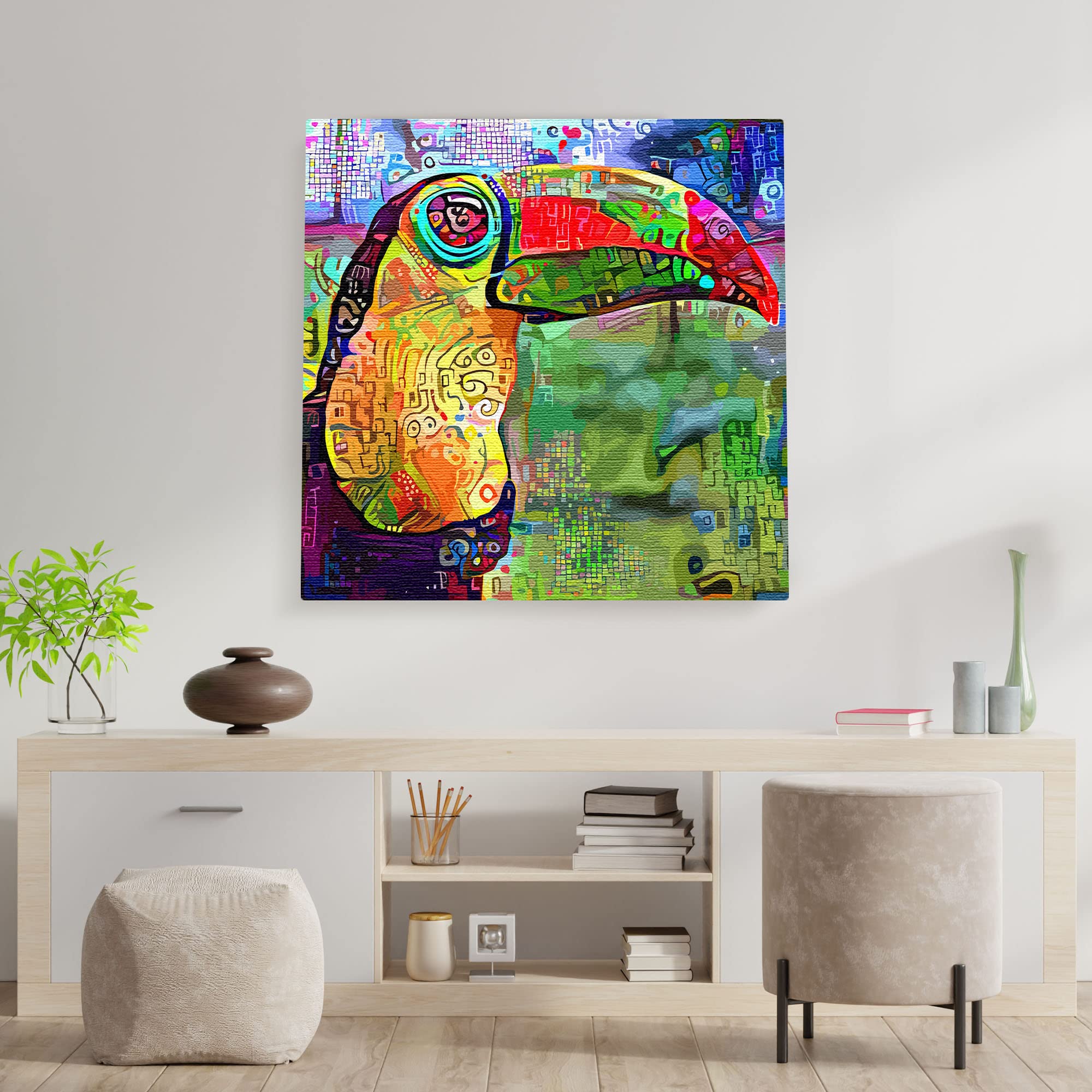 Colorful abstract toucan with vibrant geometric patterns on multicolor background printed on square canvas above console table