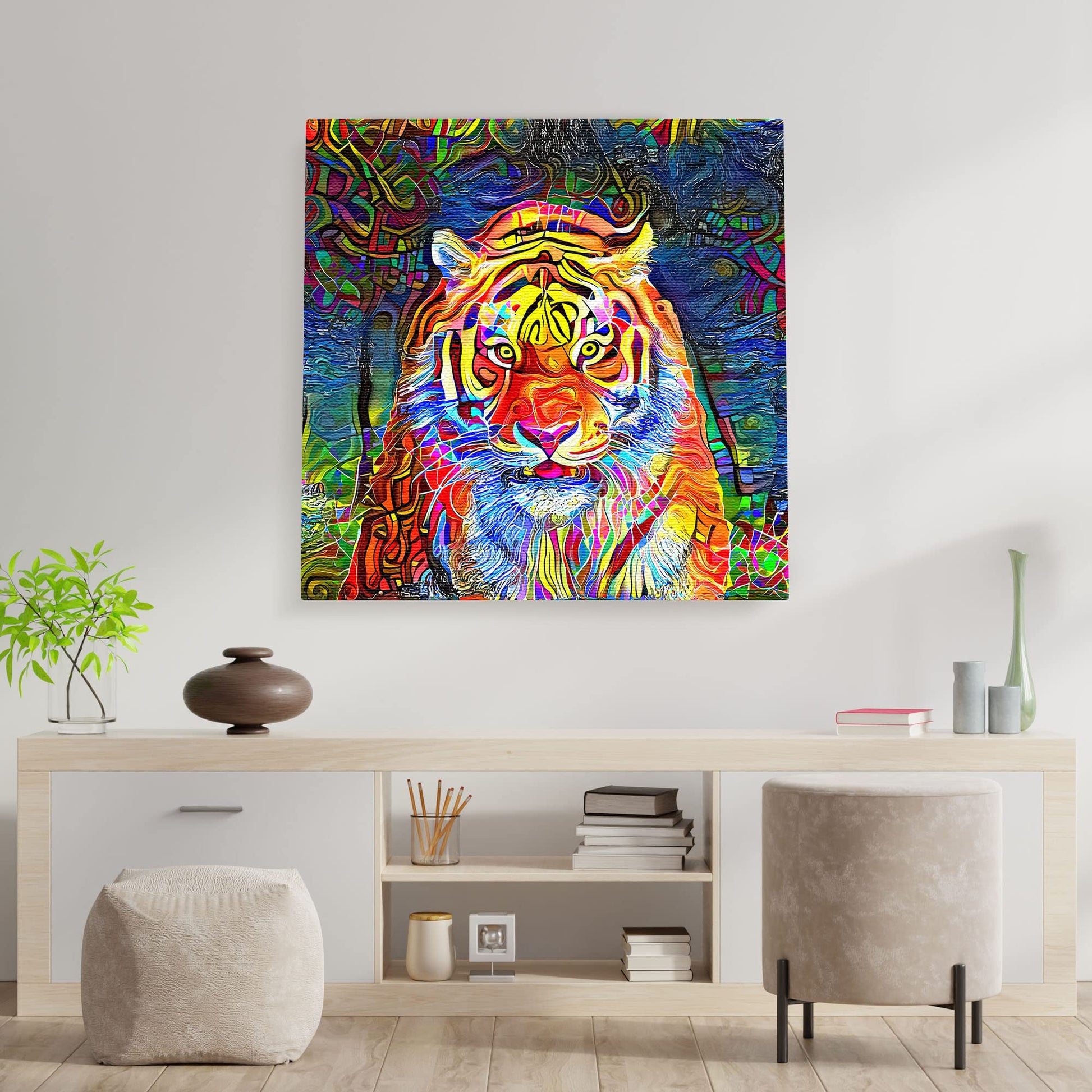 Abstract colorful tiger with vibrant geometric and swirling patterns on multicolor background printed on square canvas above console table
