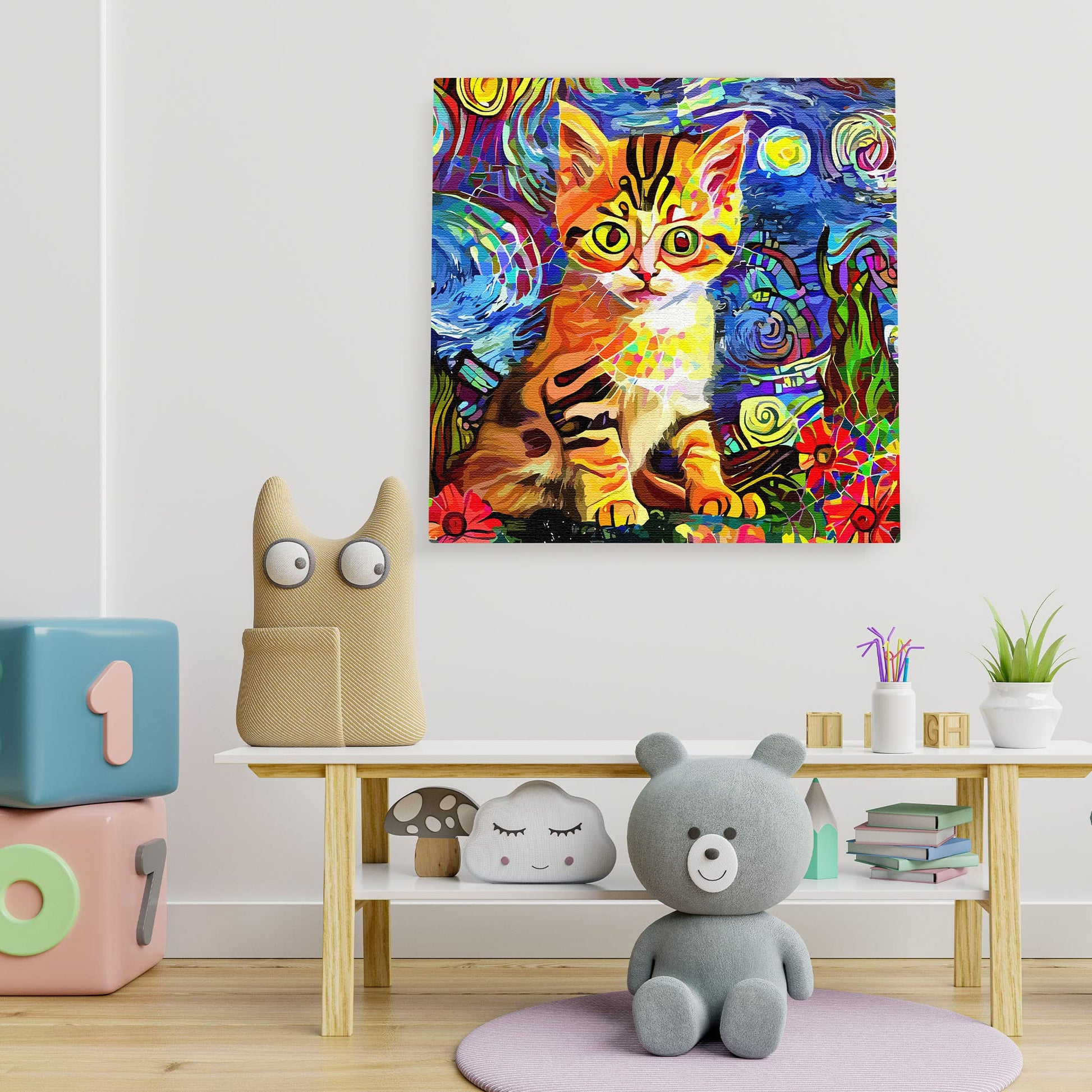 Colorful cute kitten wall art with vibrant orange and black stripes surrounded by swirling abstract blue and yellow background