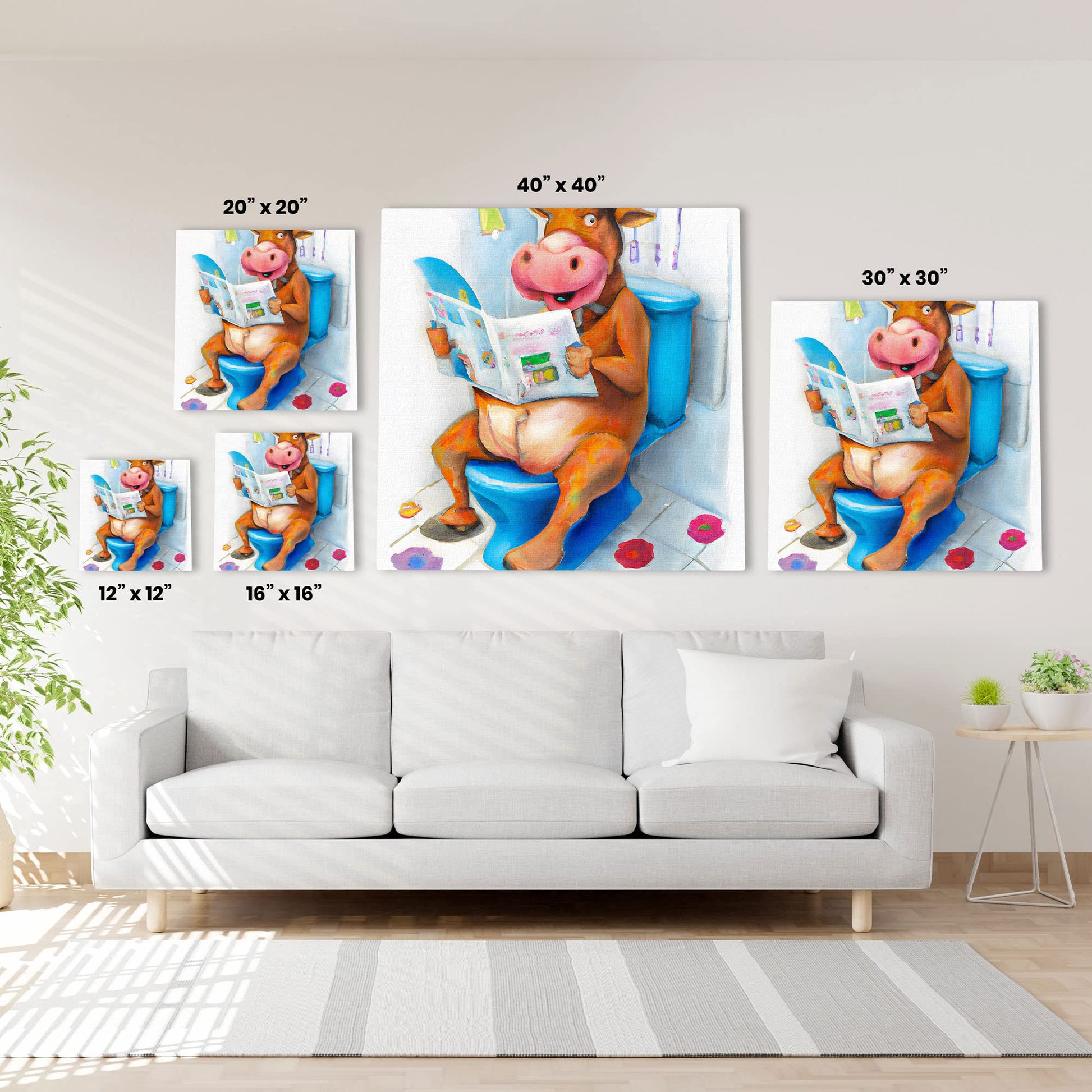Colorful quirky funny cow watercolor wall art with cartoon cow sitting on blue toilet reading newspaper with flowers and bathroom tiles