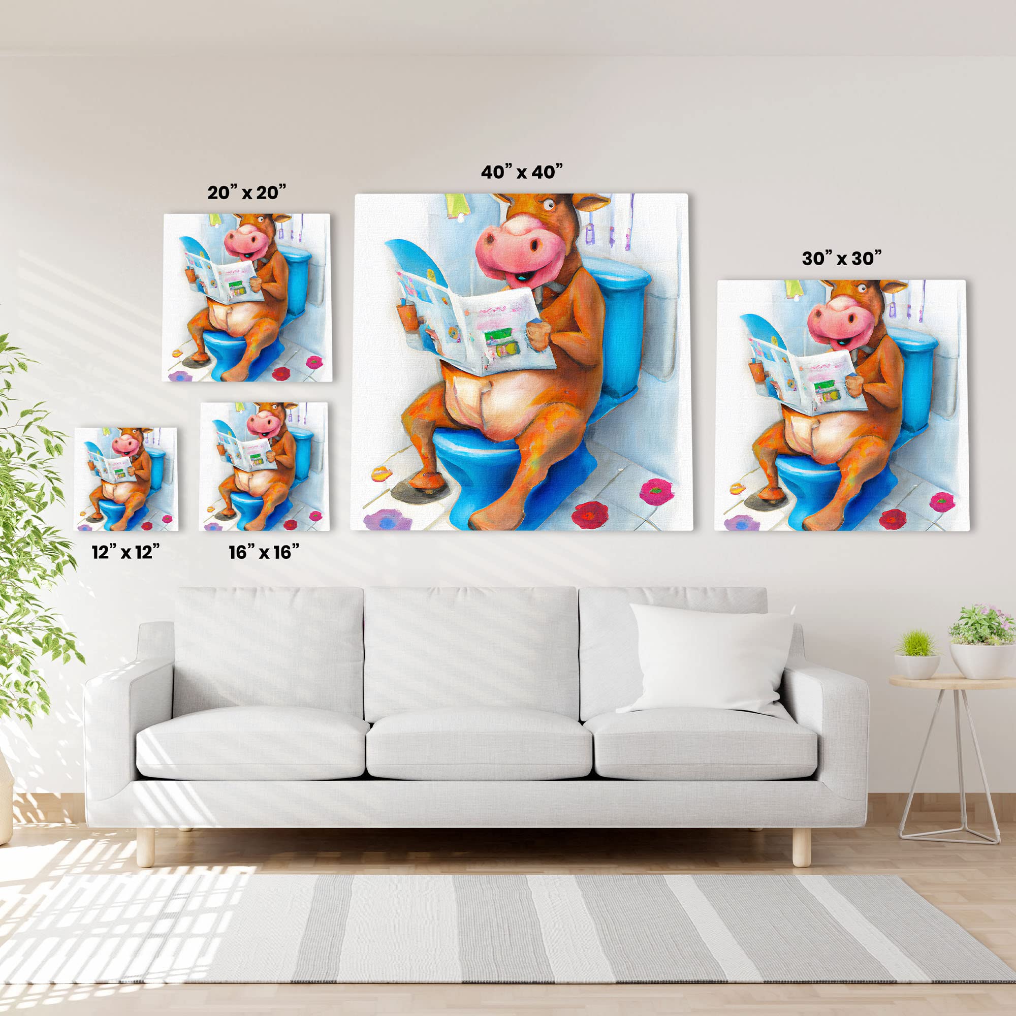Colorful quirky funny cow watercolor wall art with cartoon cow sitting on blue toilet reading newspaper with flowers and bathroom tiles