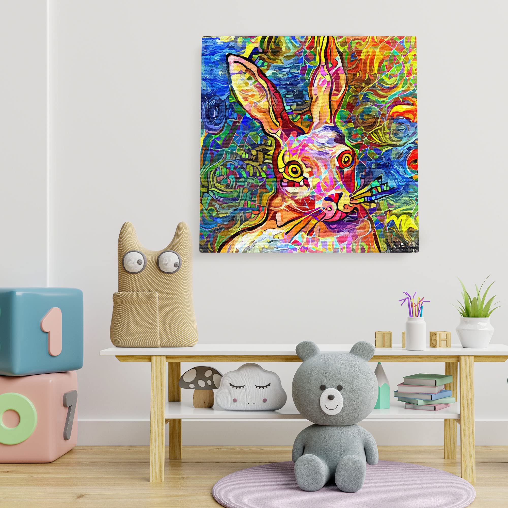 Abstract colorful bunny rabbit with vibrant geometric and swirling digital patterns on square canvas wall art above children's playroom bench