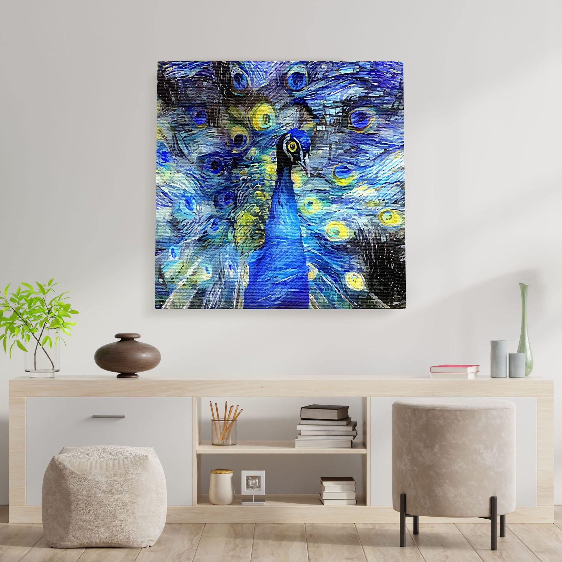 Blue abstract peacock with vibrant swirling and geometric digital patterns on square wall art above modern console table