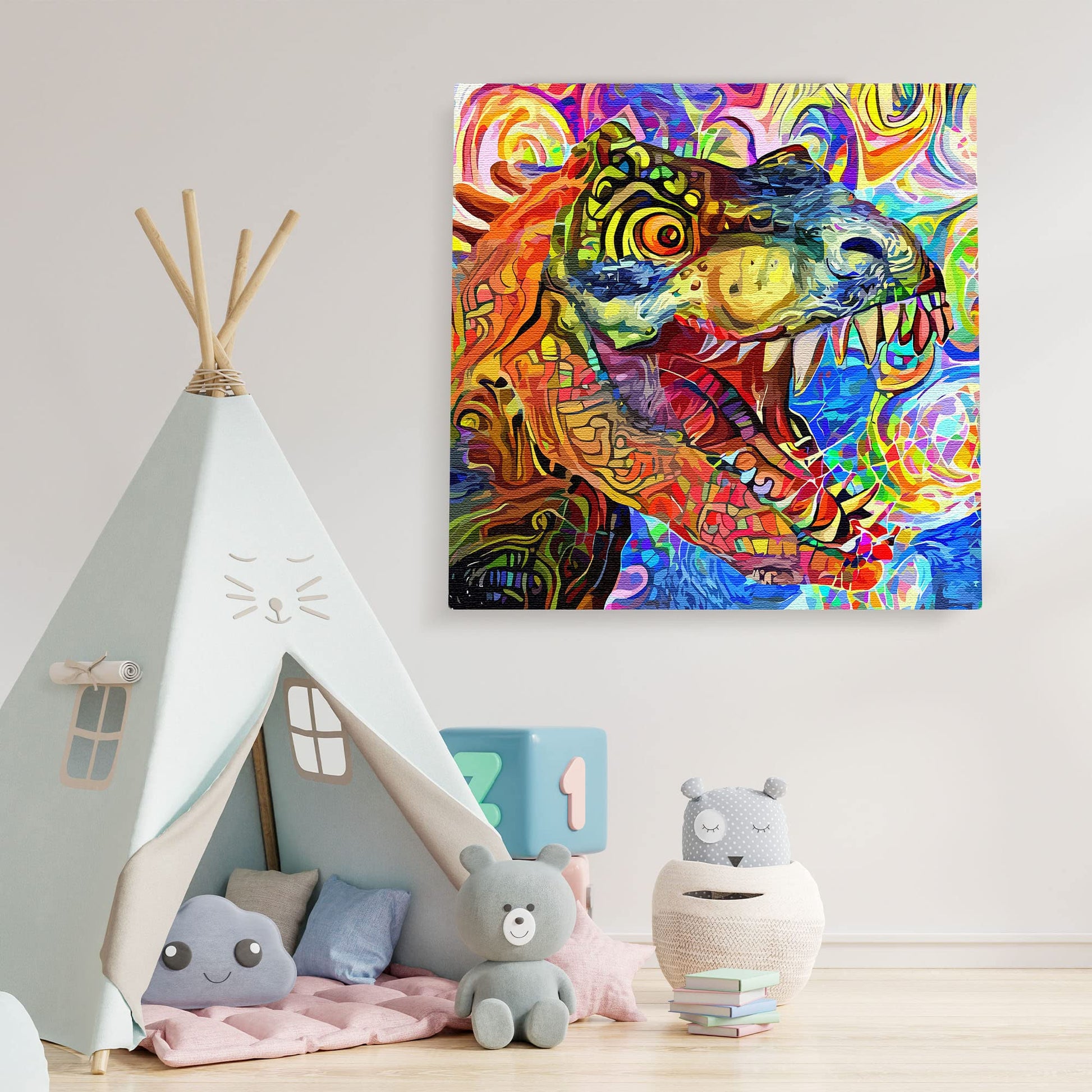 Vibrant colorful geometric mosaic T-Rex dinosaur wall art canvas with bold abstract patterns in playful kids' room setting