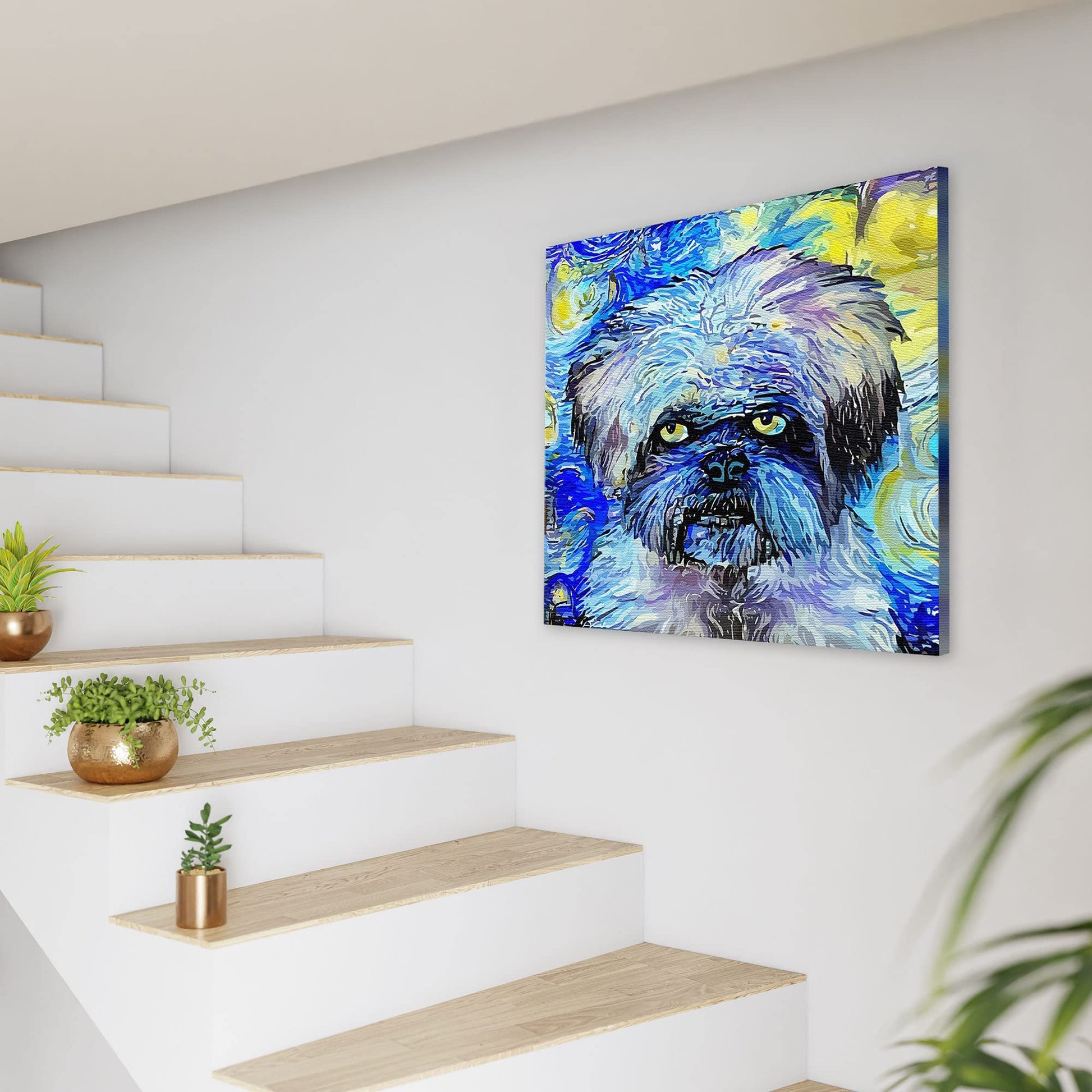 Abstract blue Shih Tzu dog art with swirling vibrant blue and yellow patterns on square canvas hanging on white wall near stairs