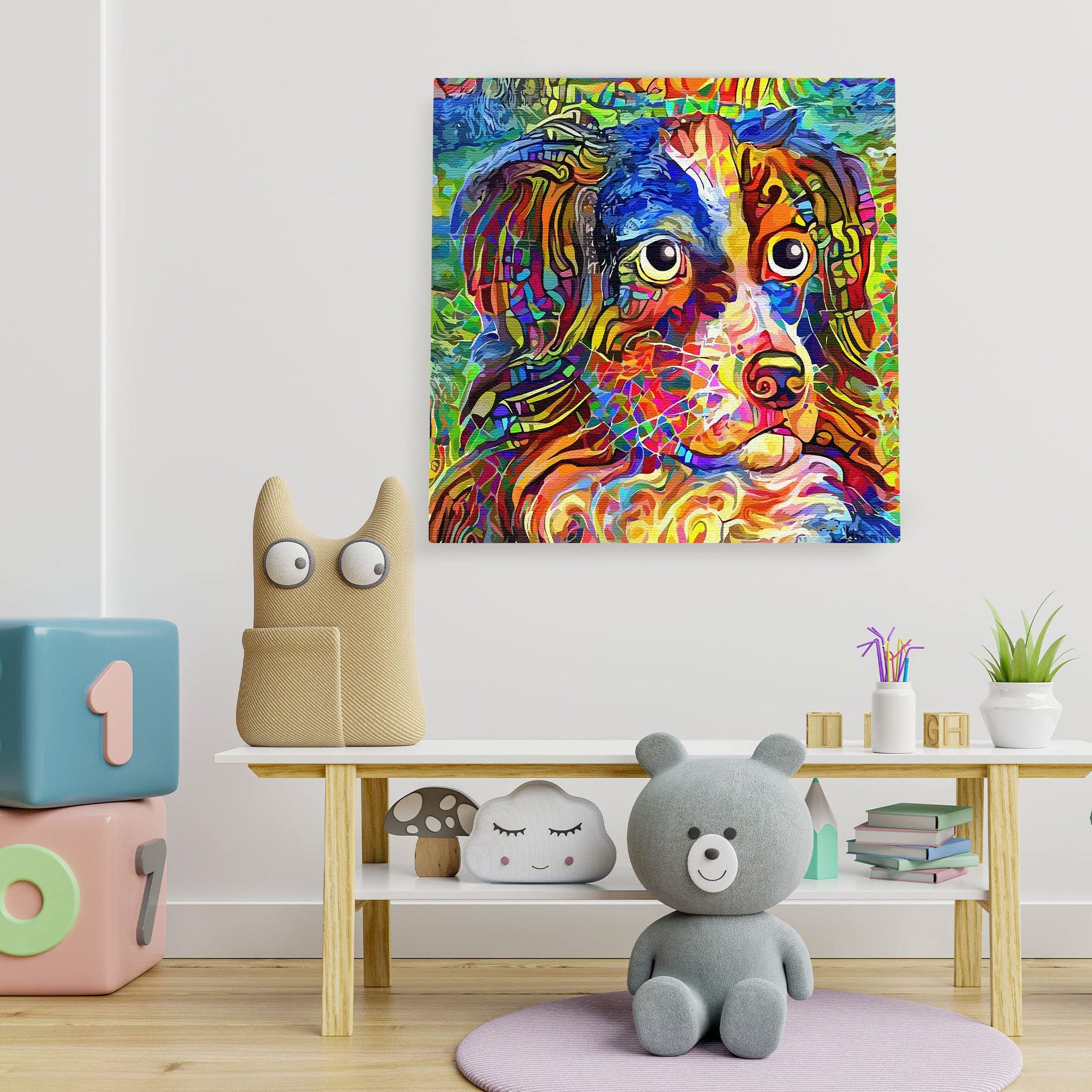 Colorful abstract Border Collie dog art with vibrant multicolor brush strokes on canvas hanging in playful kids room