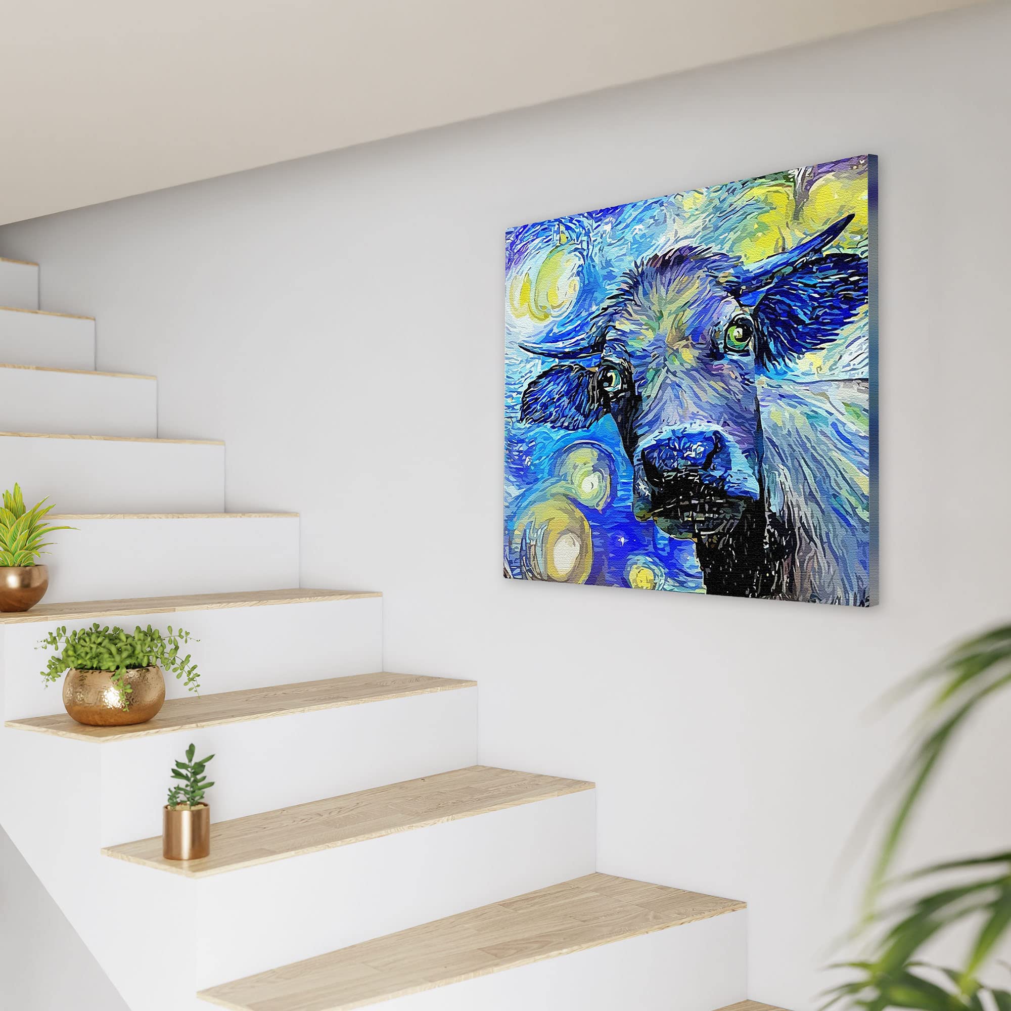 Blue abstract cow painting with vibrant swirling brushstrokes on square canvas displayed on white wall near staircase