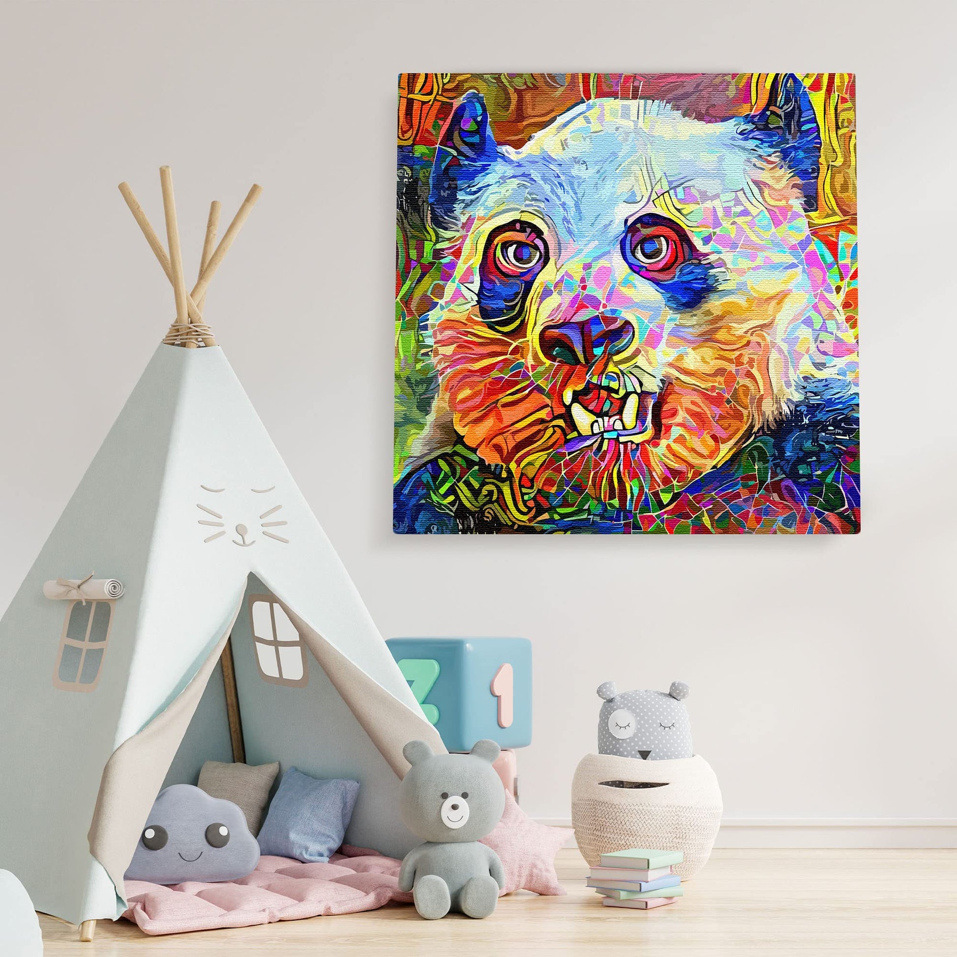 Colorful abstract panda bear with vibrant geometric and swirling patterns on square canvas wall art in children's room