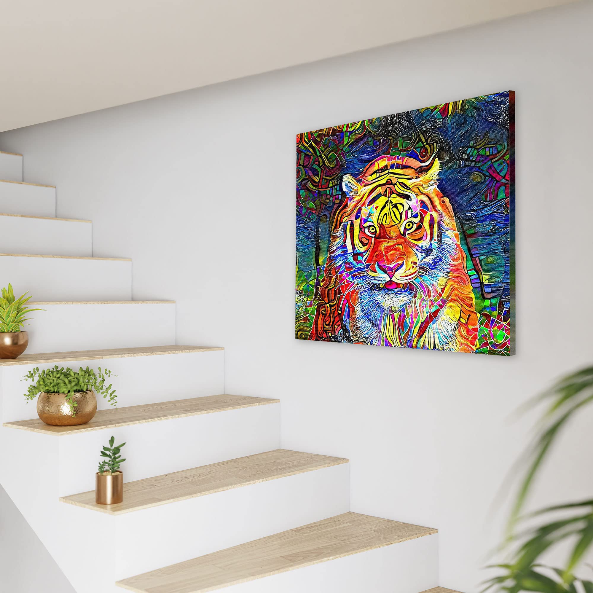 Abstract colorful tiger with vibrant geometric and intricate patterns on multicolor background printed on square canvas above staircase