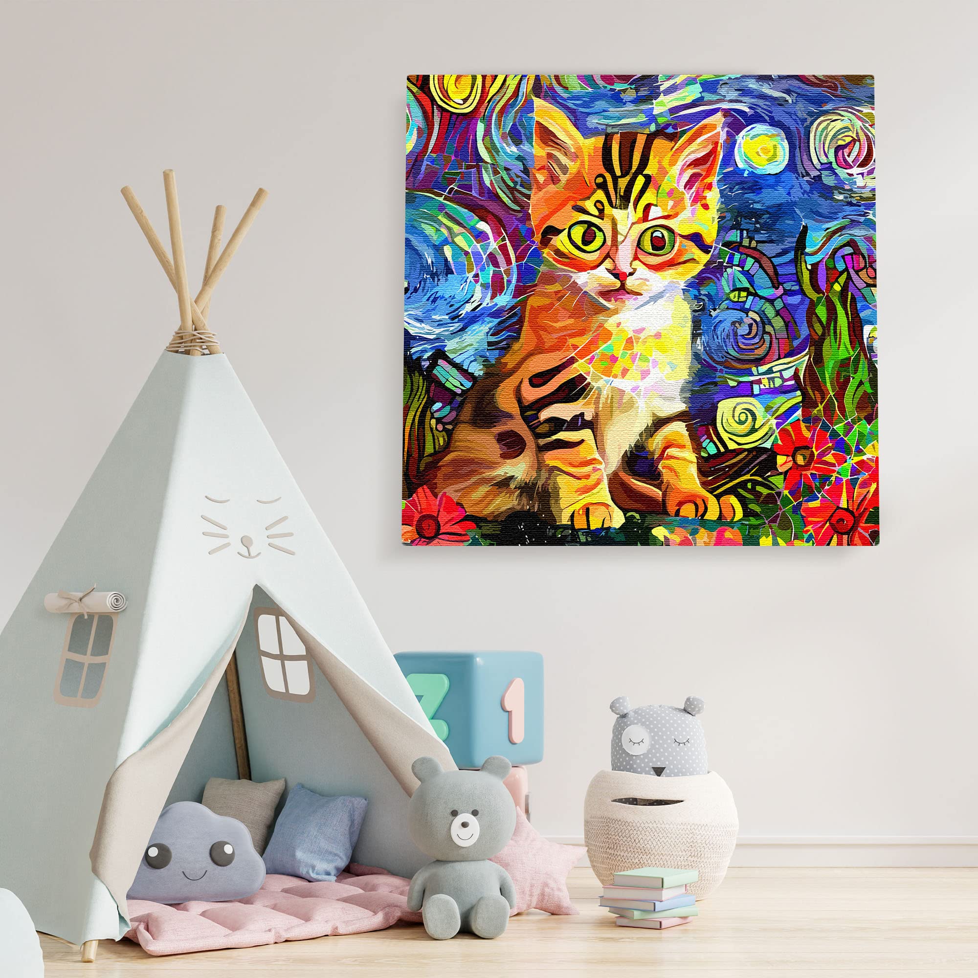 Vibrant kitten wall art with bright orange and black stripes surrounded by colorful swirling blue and red abstract background