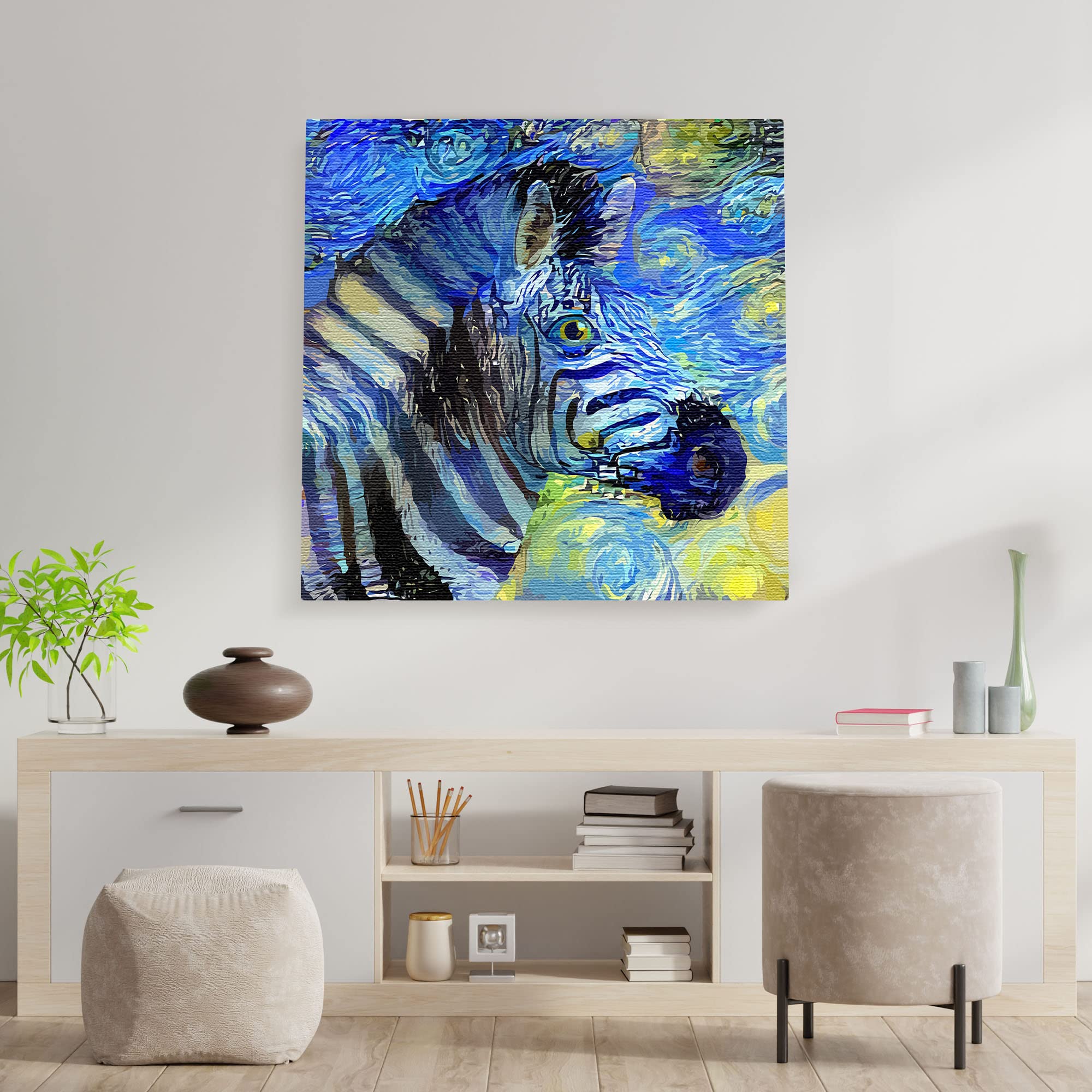 Abstract zebra portrait with swirling blue and yellow starry night style background printed on square canvas hanging on white wall