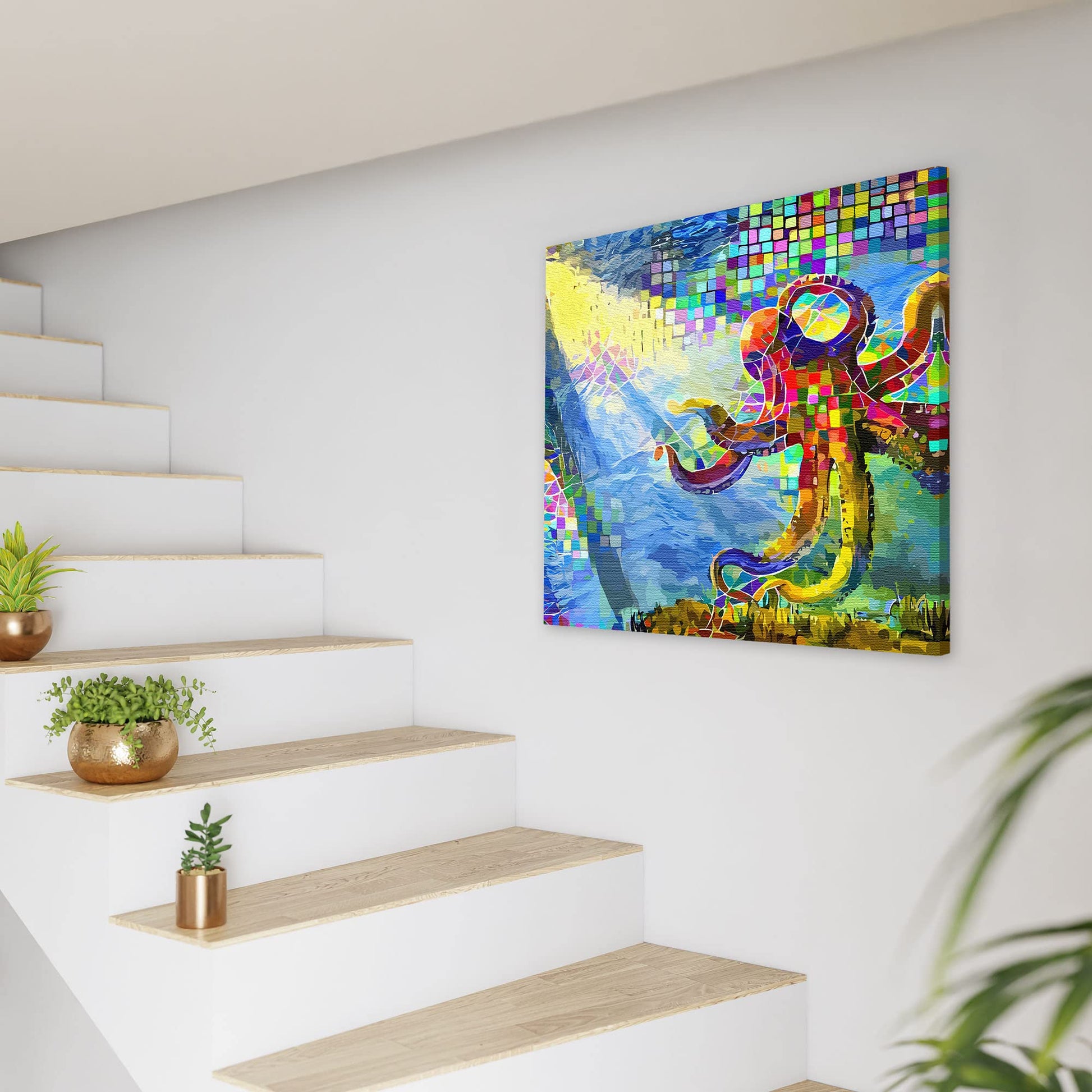 Colorful abstract underwater octopus with vibrant geometric patterns on square canvas displayed on white wall by staircase
