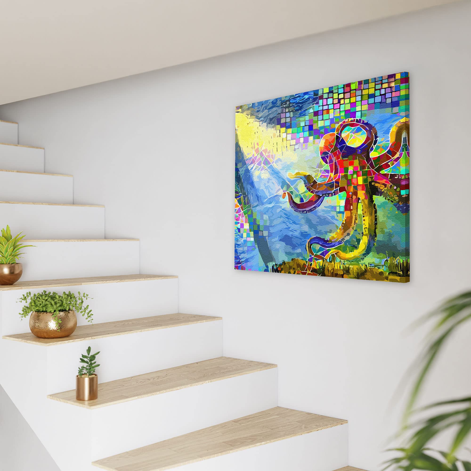Colorful abstract underwater octopus with vibrant geometric patterns on square canvas displayed on white wall by staircase