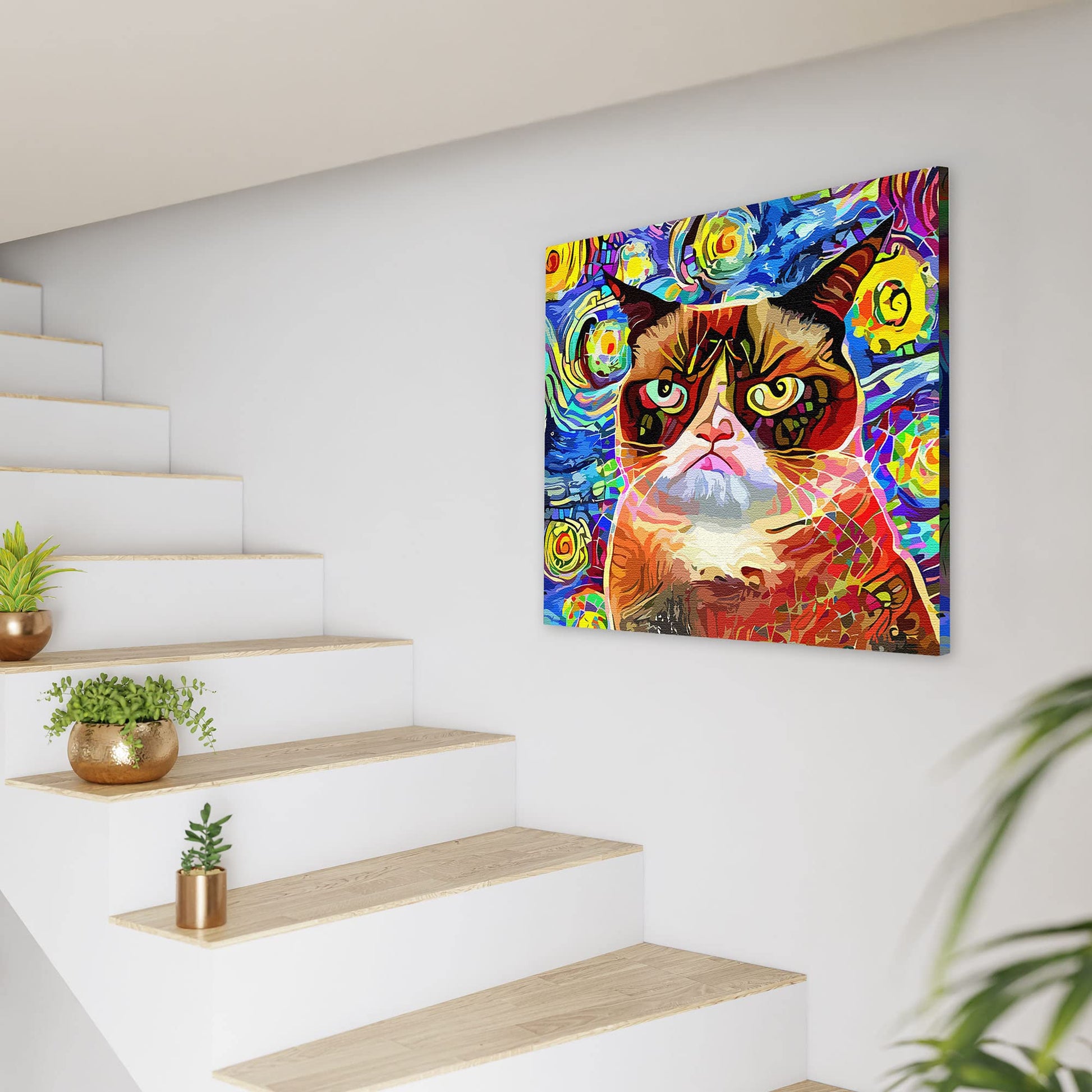 Abstract cat wall art with bold red and brown tones against vibrant swirling blue, yellow, and purple starry abstract background