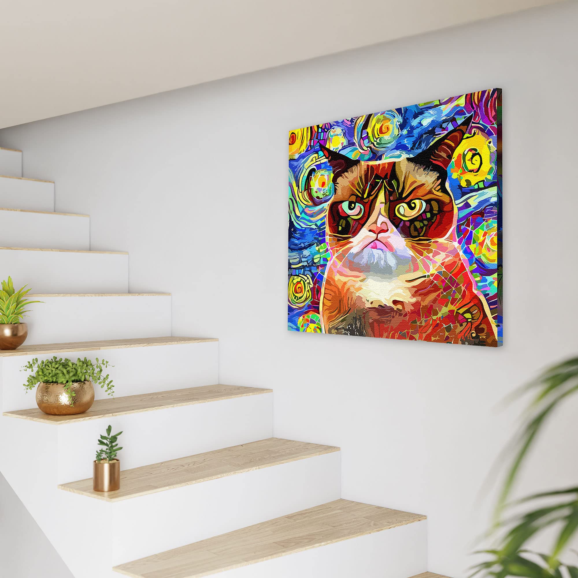 Abstract cat wall art with bold red and brown tones against vibrant swirling blue, yellow, and purple starry abstract background