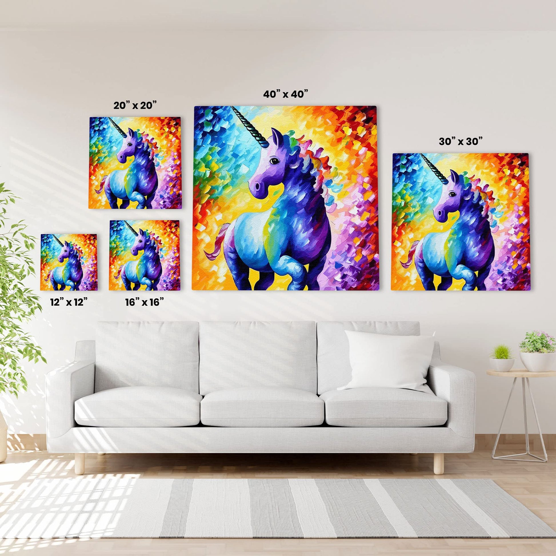 Cute purple unicorn with blue and pink mane on vibrant multicolor abstract background printed on various sized canvases above white sofa