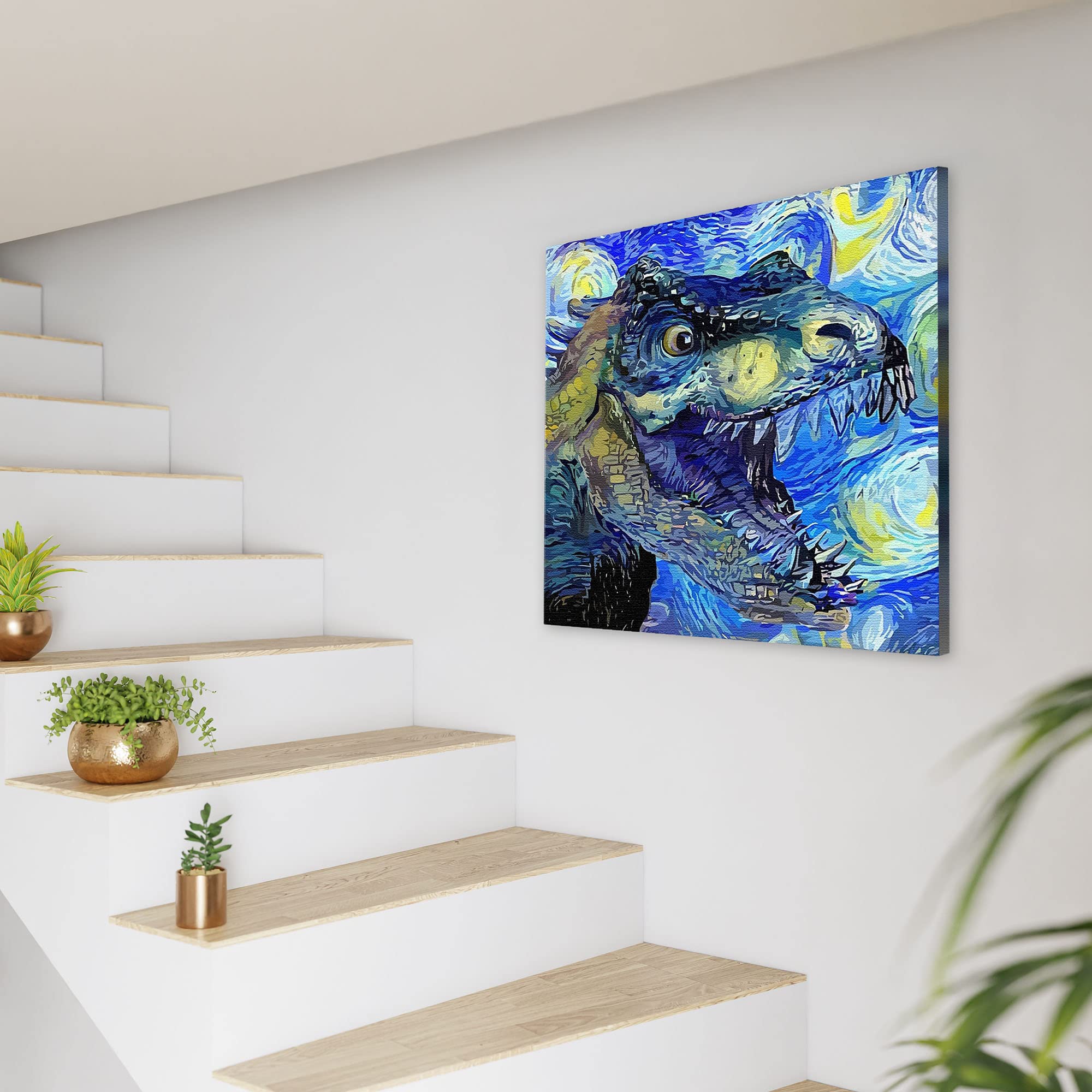 Blue Tyrannosaurus Rex dinosaur art with swirling vibrant brushstrokes on square canvas above staircase in modern space