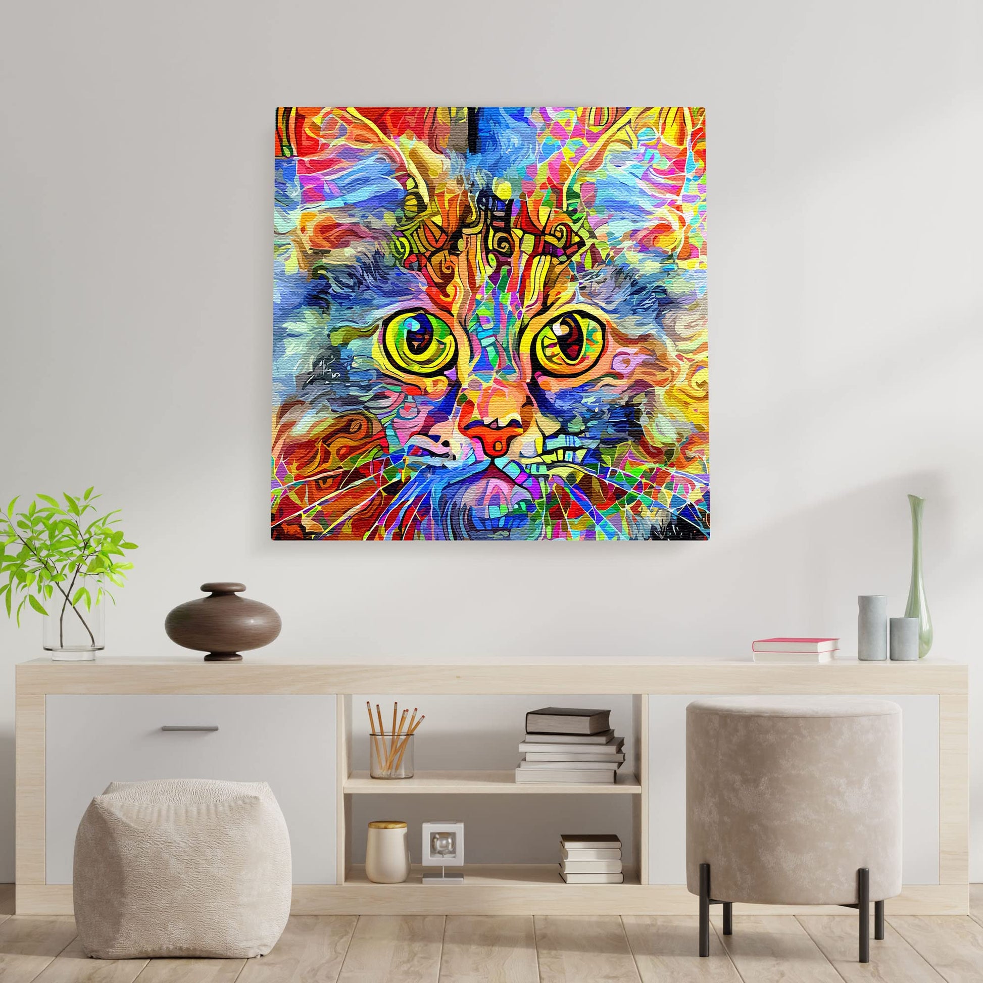 Bright cat art canvas with vivid abstract patterns and large striking yellow eyes displayed above minimalist wooden console
