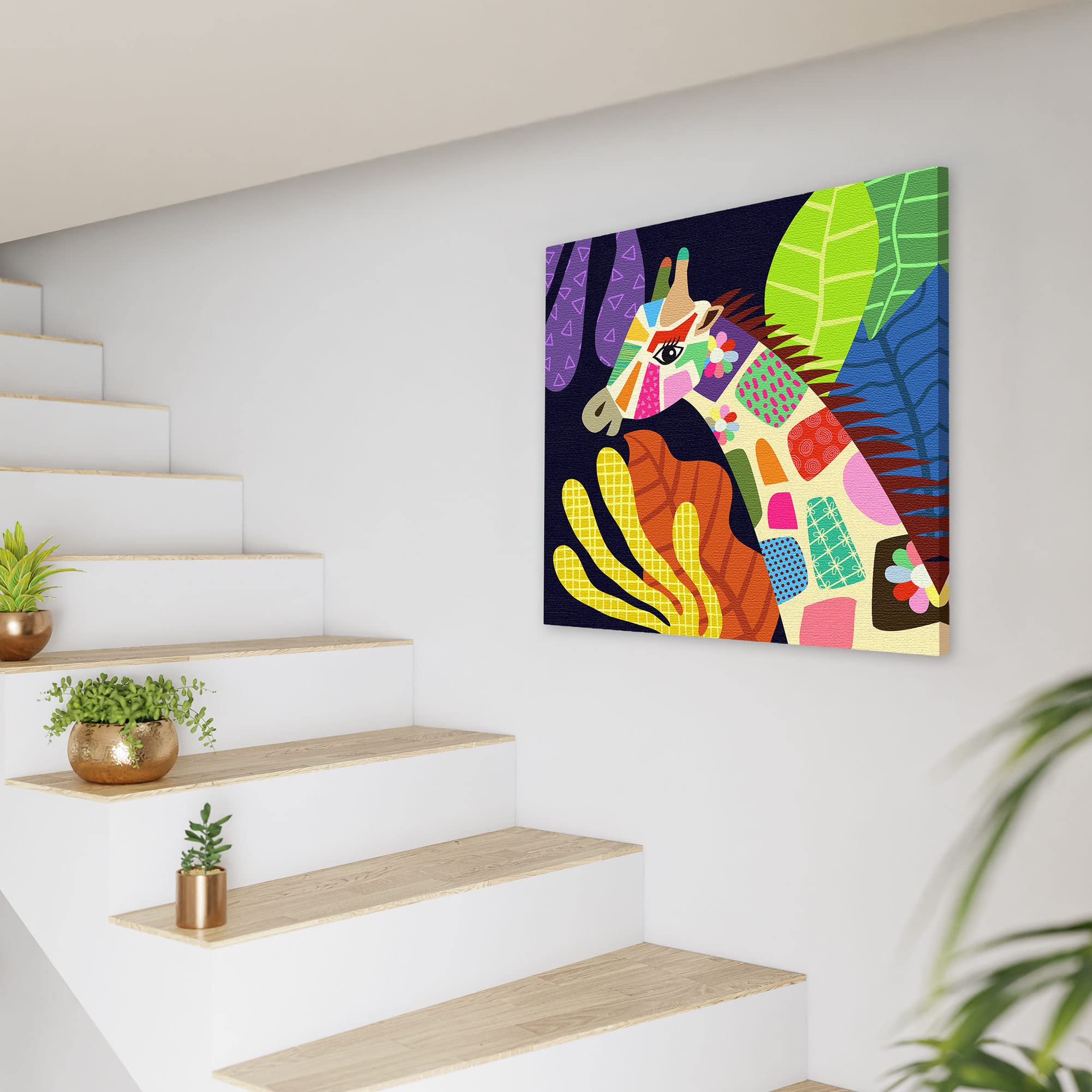 Colorful geometric giraffe head canvas art with vibrant abstract foliage in modern minimalist staircase wall decor setting