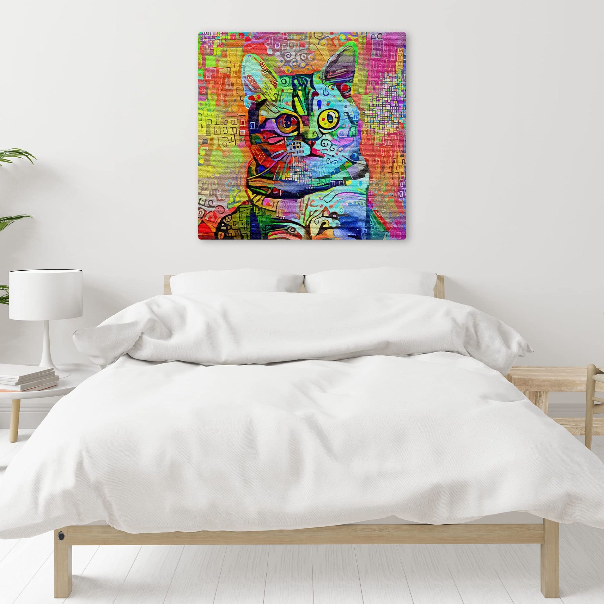 Bright mosaic cat wall art with colorful geometric patterns and expressive eyes on square canvas above bed in minimalist bedroom