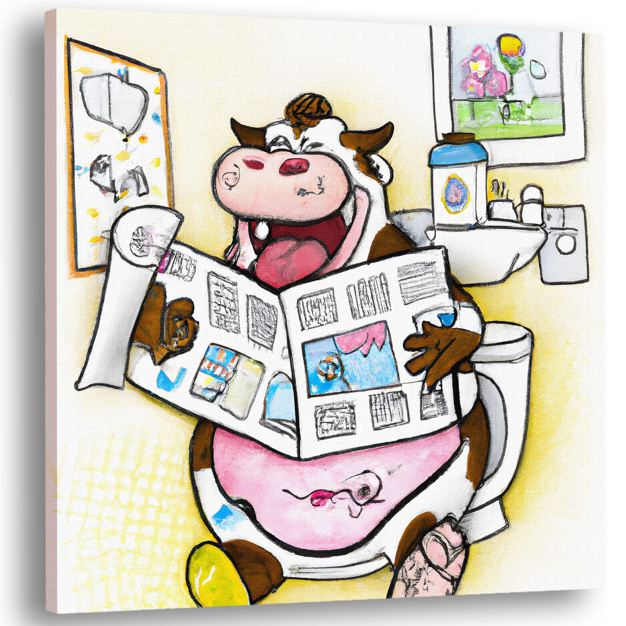Funny cow watercolor canvas art with cartoon cow sitting on toilet reading newspaper in modern minimalist bathroom decor setting