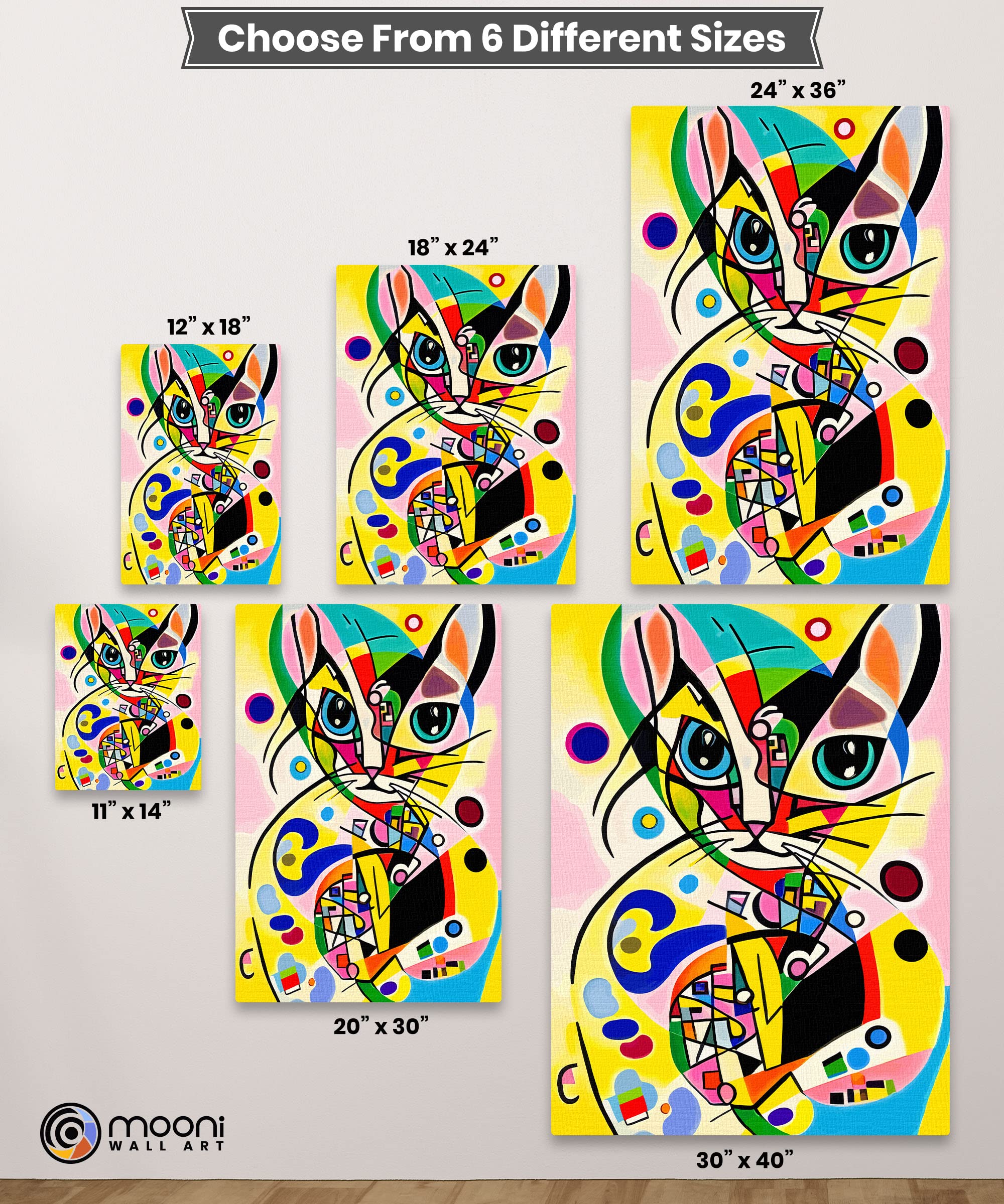 Colorful funky abstract cat wall art with geometric shapes bold lines and vibrant colors on rectangular canvas in various sizes
