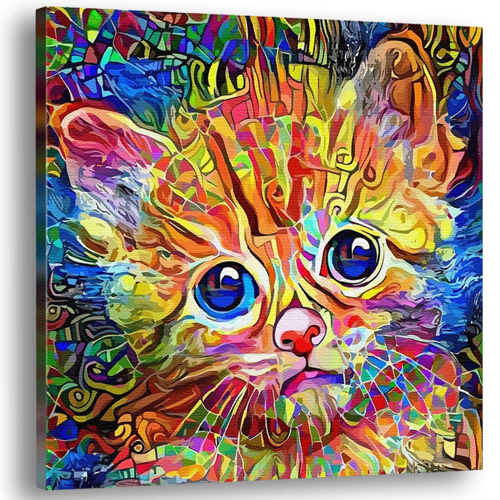 Abstract colorful cat art canvas featuring a wide-eyed orange kitten with vibrant blue, yellow, and red mosaic patterns background