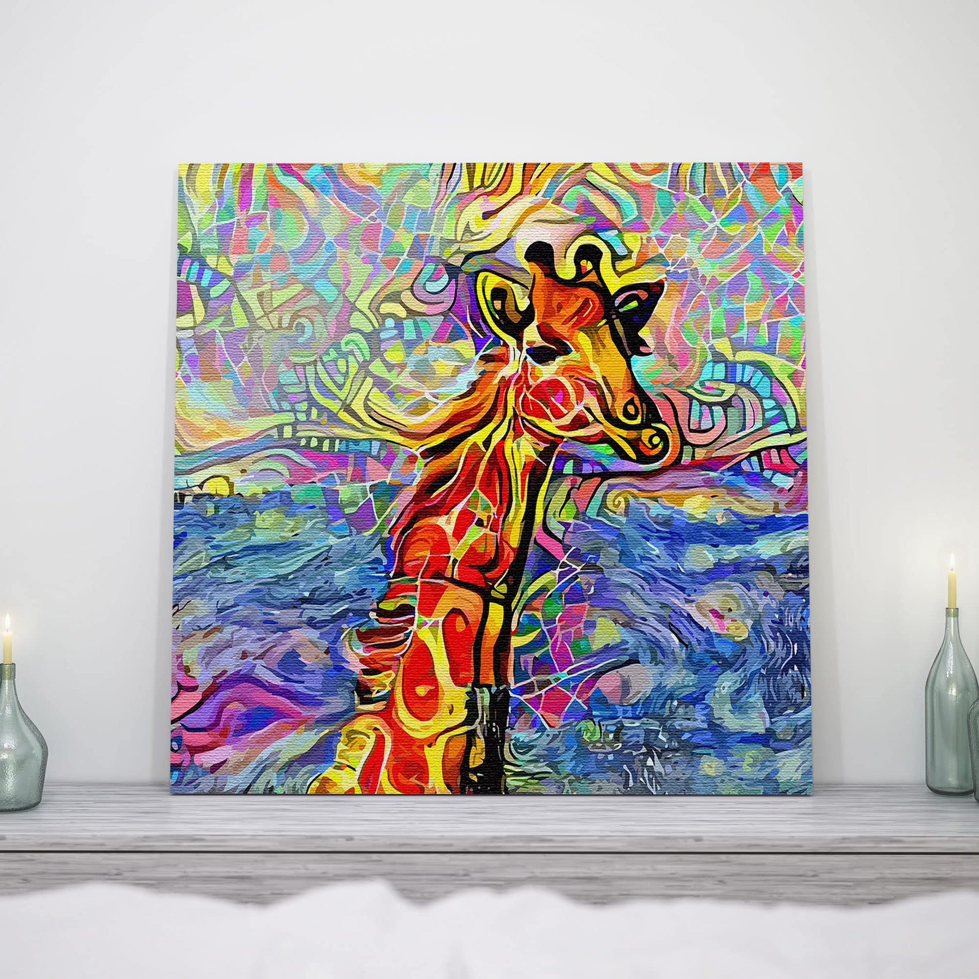 Abstract giraffe canvas wall art with vibrant colorful swirling patterns and geometric shapes in modern minimalist decor setting