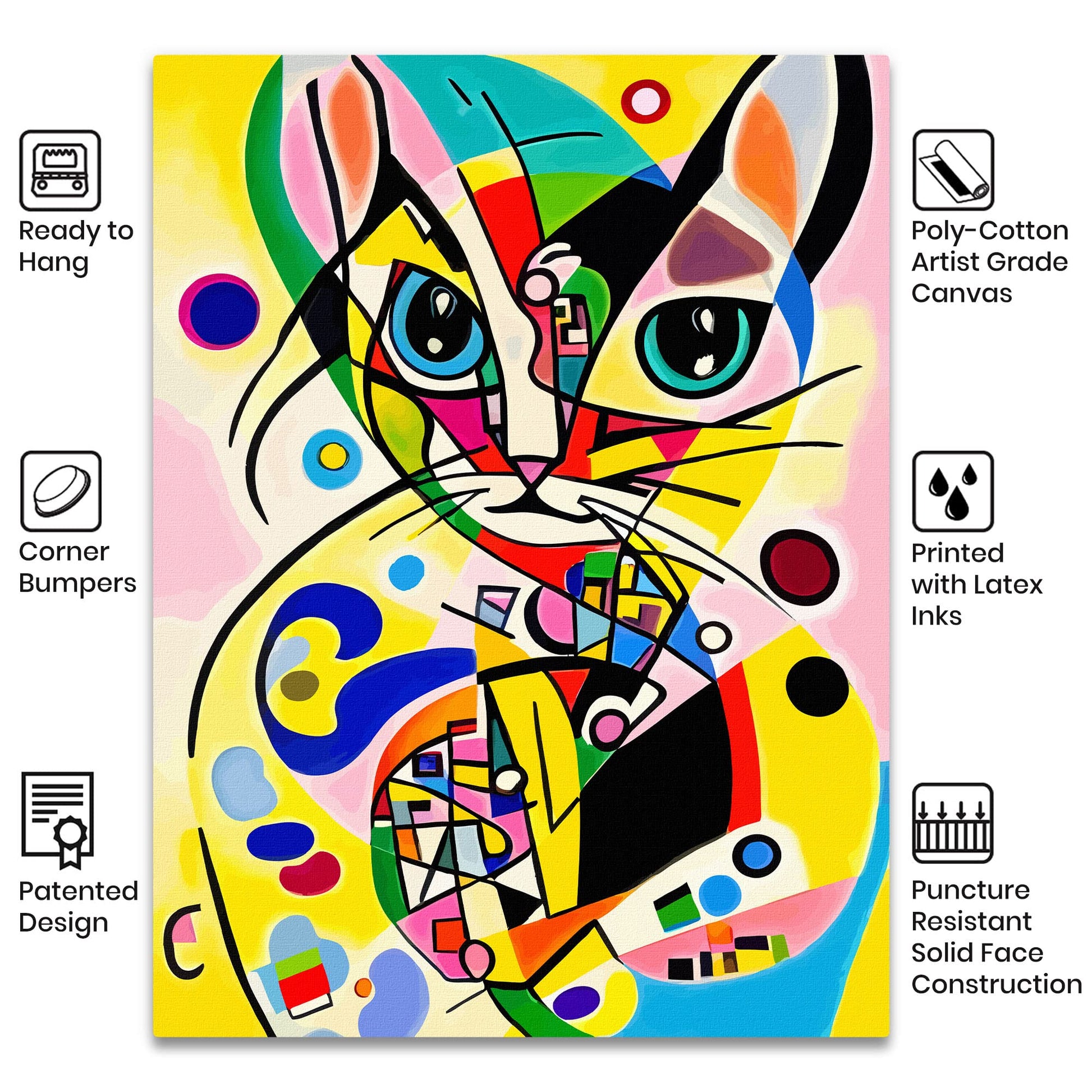 Colorful funky abstract cat wall art with geometric shapes and bold lines on vibrant poly-cotton canvas ready to hang